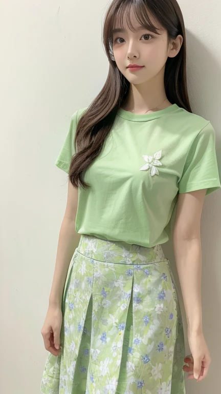 light green thin flower pattern T-shirt , medium breast , long hair , skirt