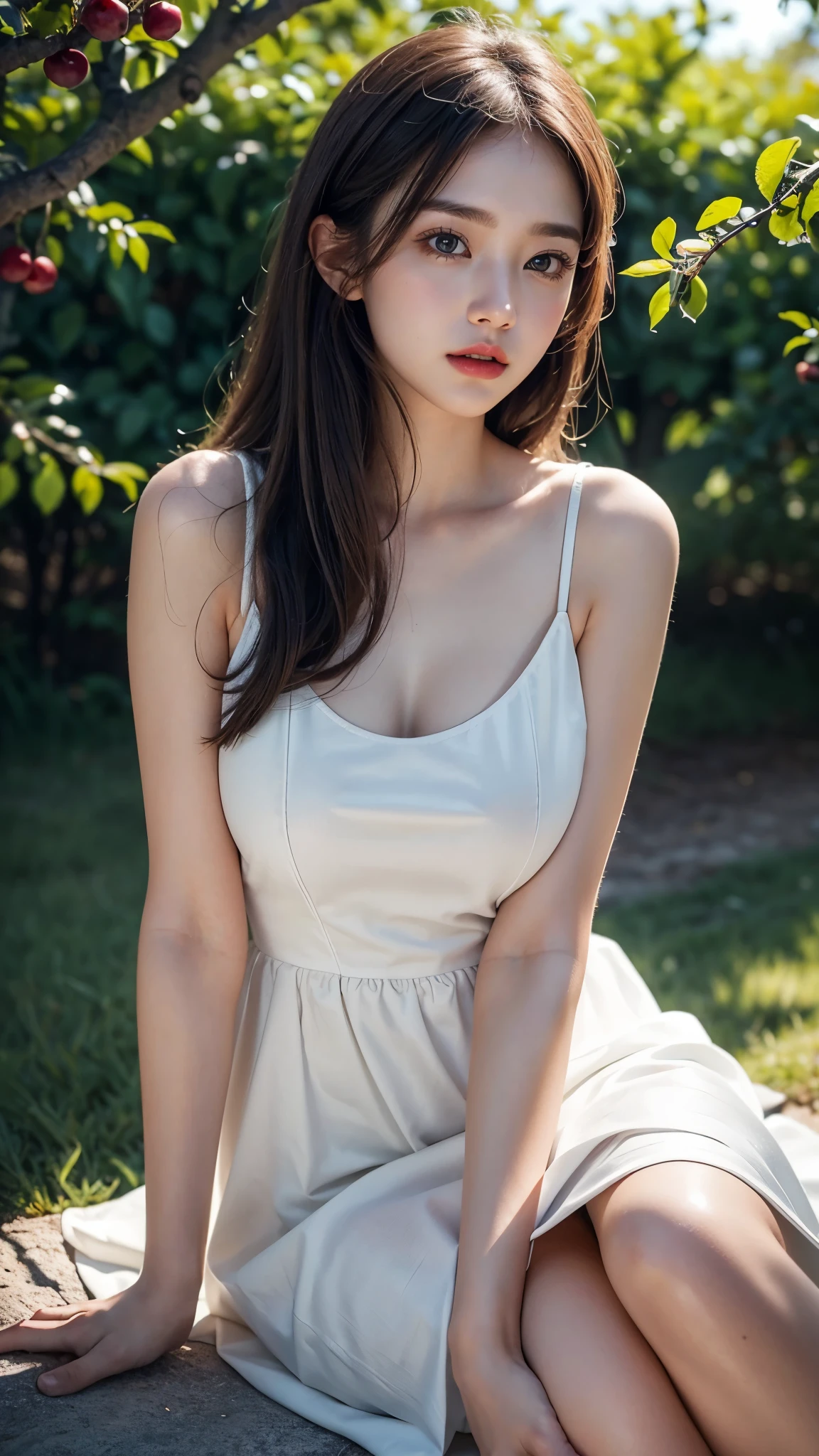 (( Realistic light, Best quality, 8k, Masterpiece :1.3)), 1girl, Pretty woman with slender figure :1.4, abs :1.1, (wavy brown hair, floating hair by wind, big_breasts :1), deep_cleavage, white dress :1.2, bottom floating dress by wind, wet dress by wind, standing, sunset in the mountain, dynamic natural light, Ultra-detailed face, Detailed eyes, Double eyelid, shiny skin, full_body shot