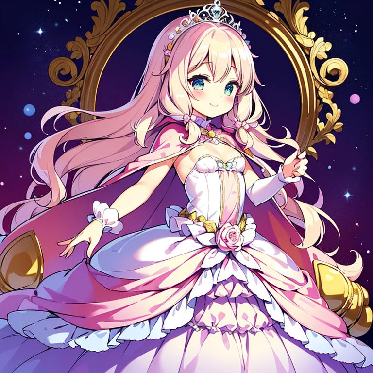 (kawaii),(best quality),(ultra detailed), upper body,(rococo style),(long train pastel pink cape:1.15), very long cape,(long train white ball gown with flower decorations), a girl is wearing a cape over her gown, 1 little princess, tiara, smile, small breasts, very long hair