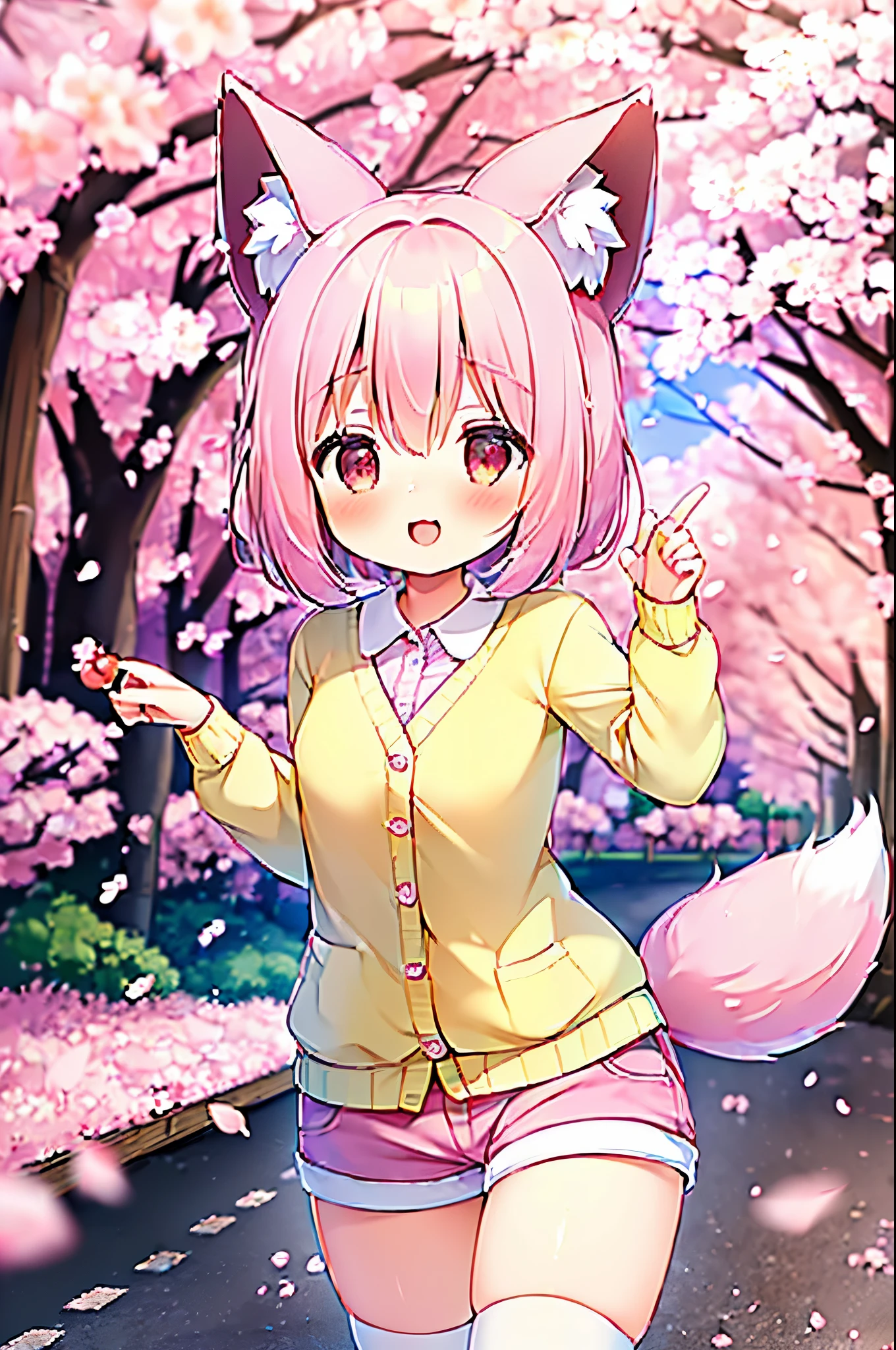 (masterpiece:1.5) (high quality:1.5), (beautiful:1.5), (8K:1.5), (High resolution:1.5), (1 girl:1.5), (pink short hair:1.4), pink short hair:1.4), (Pink fox tail:1.5), (Pink fox tail:1.5), (Pink fox ears), (pink eyes), (short shorts:1.3), (cute cardigan with ruffles:1.4), (long sleeve:1.1), (Park Trails:1.3), (Walk along a path lined with cherry blossom trees:1.4), (Laughing 1.4), (cowboy shot:1.4), (Very cute pose:1.4), (cherry blossom petals dancing in the wind:1.5)