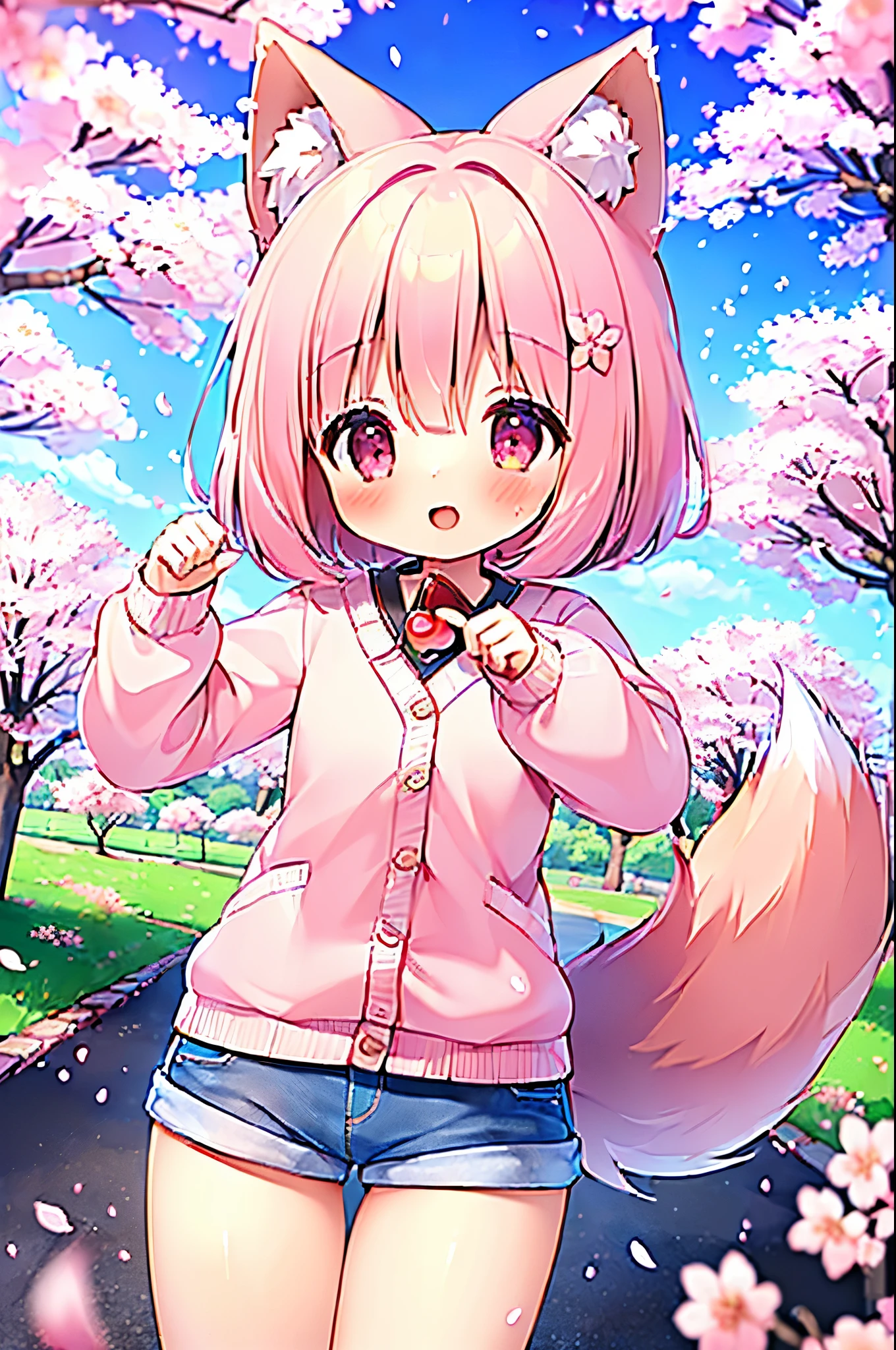 (masterpiece:1.5) (high quality:1.5), (beautiful:1.5), (8K:1.5), (High resolution:1.5), (1 girl:1.5), (pink short hair:1.4), pink short hair:1.4), (Pink fox tail:1.5), (Pink fox tail:1.5), (Pink fox ears), (pink eyes), (short shorts:1.3), (cute cardigan with ruffles:1.4), (long sleeve:1.1), (Park Trails:1.3), (Walk along a path lined with cherry blossom trees:1.4), (Laughing 1.4), (cowboy shot:1.4), (Very cute pose:1.4), (cherry blossom petals dancing in the wind:1.5)