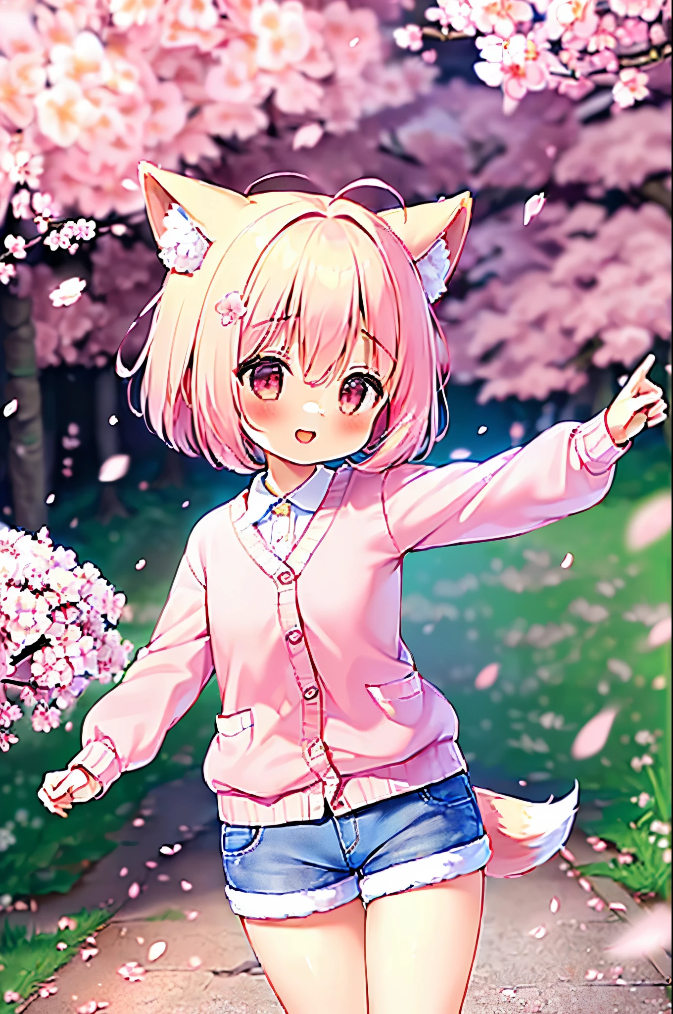 (masterpiece:1.5) (high quality:1.5), (beautiful:1.5), (8K:1.5), (High resolution:1.5), (1 girl:1.5), (pink short hair:1.4), pink short hair:1.4), (Pink fox tail:1.5), (Pink fox tail:1.5), (Pink fox ears), (pink eyes), (short shorts:1.3), (cute cardigan with ruffles:1.4), (long sleeve:1.1), (Park Trails:1.3), (Walk along a path lined with cherry blossom trees:1.4), (Laughing 1.4), (cowboy shot:1.4), (Very cute pose:1.4), (cherry blossom petals dancing in the wind:1.5)