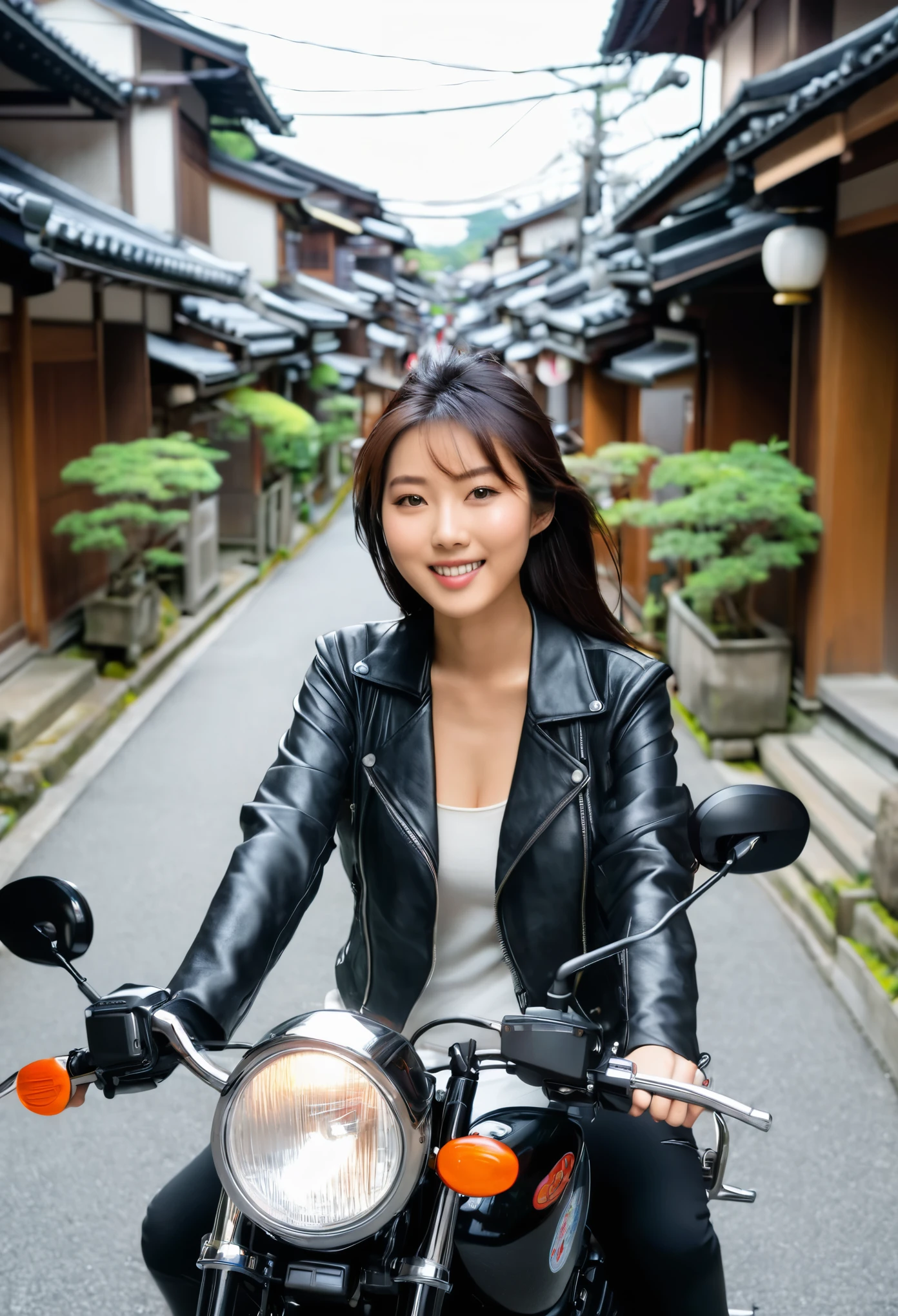Perfect shape, perfect face, perfect body, asian girl, riding a motorcycle on the street of Kyoto