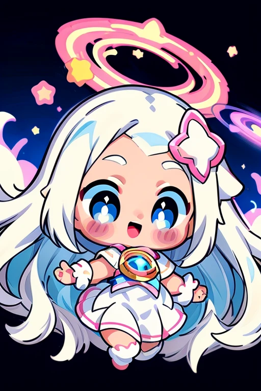 #Quality(8k,best quality,masterpiece,cinematic),solo,#1girl(cute, kawaii,small kid,hair floating,hair color cosmic,long hair,smile,skin color white,eye color cosmic,eyes shining,big eyes,magical girl uniform,,flying pose),#background(in the sky,colorful)