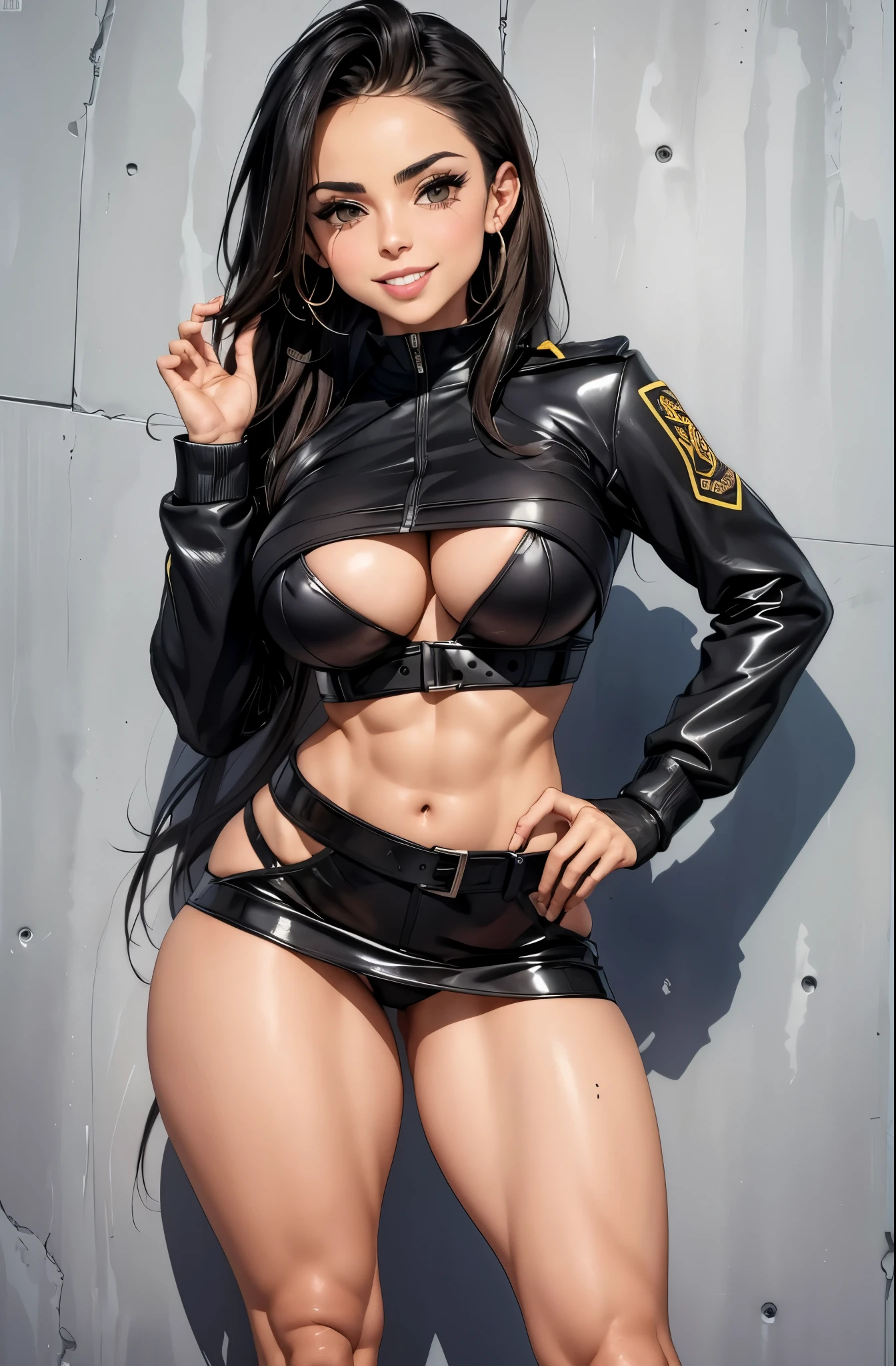 sacar: ((culo enorme)) Riley Reid in sexy police outfit, Cuerpo delgado, delgado grueso, silueta con curvas, sonriente, 12K HDR, hermoso rostro, ultra detallado, obra maestra, ((pose sexy contra la pared)), pelo blanco