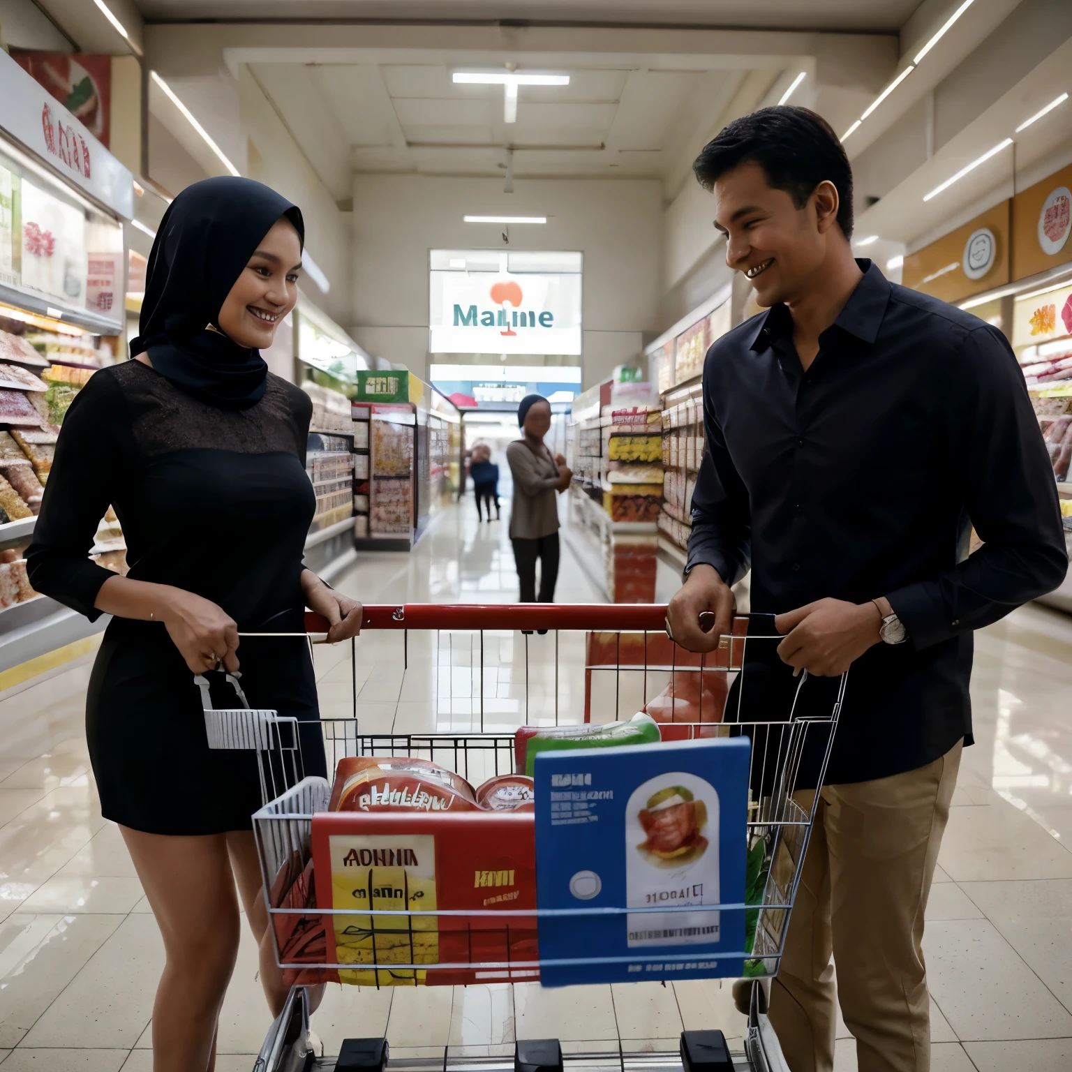 Huband and wife grocery shopping, man shopping cart, mall ,  indonesia , handsome man , thin stuble, long sleeve shirt, athletic. Very beautiful woman, tall,  smooth skin, gorgeous, elegant, smiling at the camera, happy family, happy couple, romantic, carrefour, indonesian currency price tag, rich, billionare