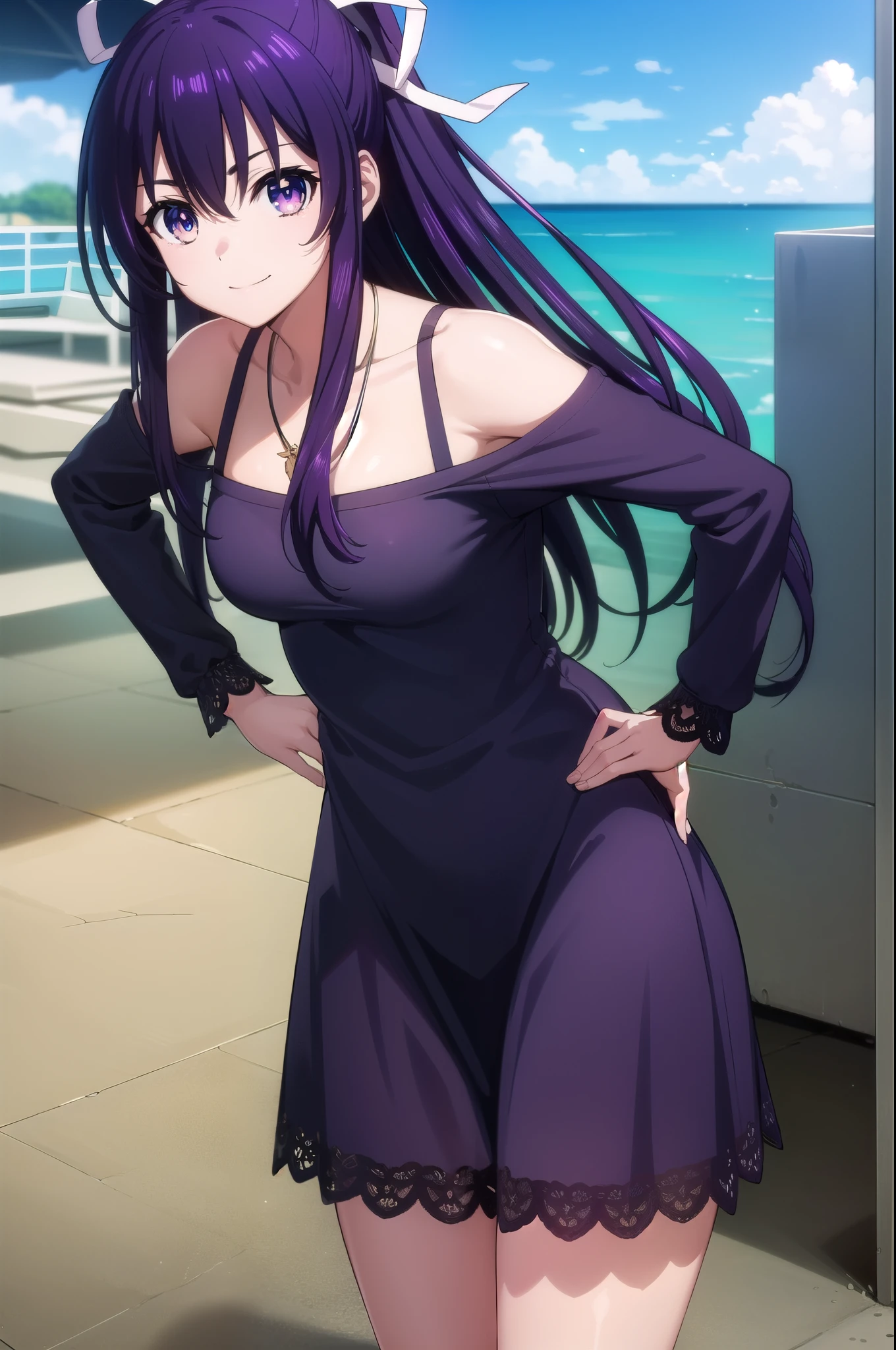 tohkayatogami, tohka yatogami casual, long hair, purple hair, alluringly smile, one piece dress, tight dress, white dress, square neck dress, lace dress, see through, white undergarments, off shoulder ,long sleeve, necklace, shirt skir, ribbon , (purple eyes:1.1), hair ribbon, ponytail, purple hair, white ribbon,g cup breasts, plump butt, hands on hips, living room,
BREAK ,
BREAK outdoors, city, people, crowd, sky, clouds, sun, blue sky,
BREAK looking at viewer, (cowboy shot:1.5),
BREAK (masterpiece:1.2), best quality, high resolution, unity 8k wallpaper, (illustration:0.8), (beautiful detailed eyes:1.6), extremely detailed face, perfect lighting, extremely detailed CG, (perfect hands, perfect anatomy),