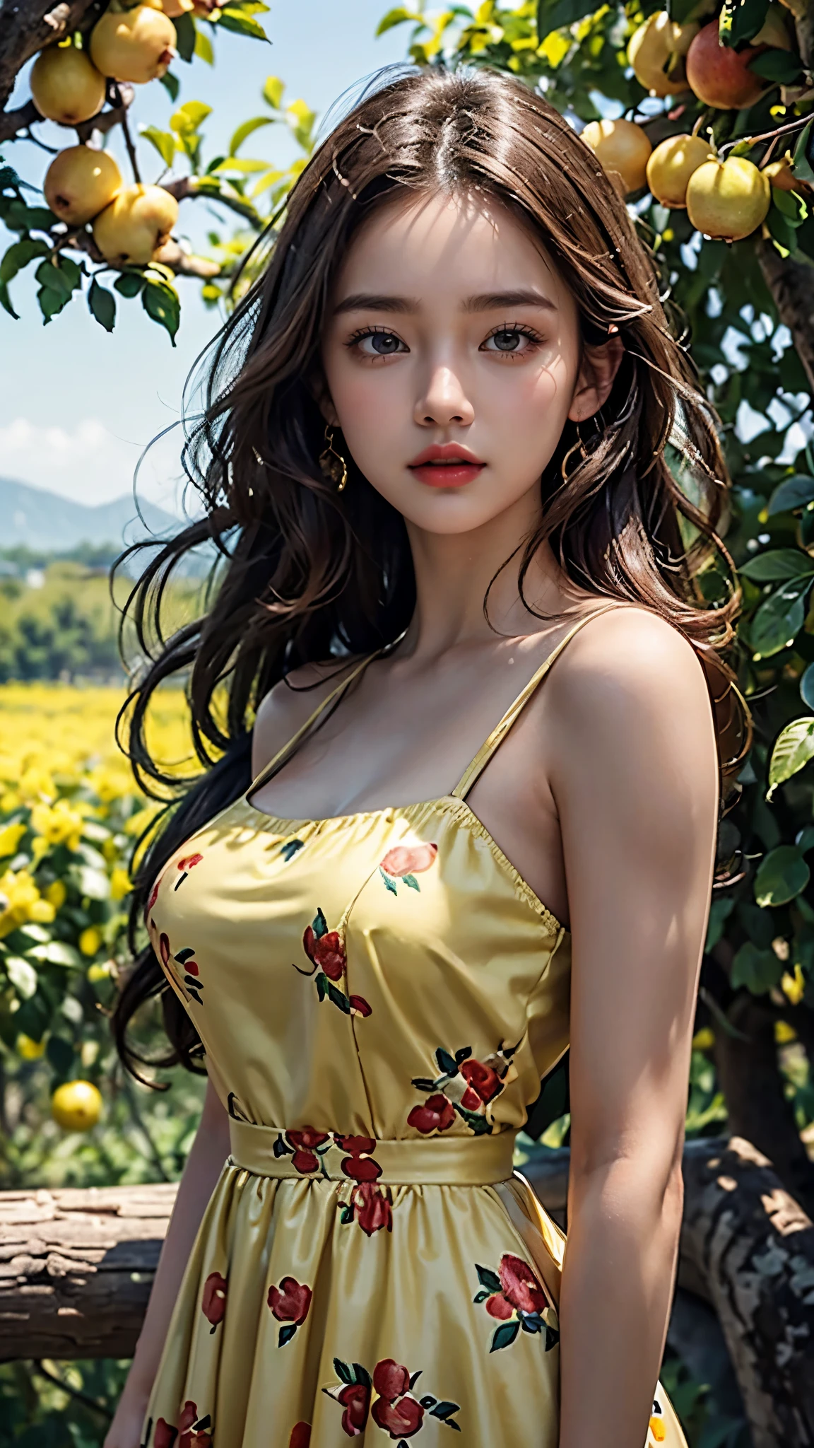 8k, highest quality, ultra detailed:1.37), extreme Realistic, Realistic body, Real human, masterpiece, RAW photo, best quality, photorealistic, extremely detailed CG unity 8k wallpaper, Depth of field, Cinematic Light, Lens Flare, Ray tracing, (extremely beautiful face, beautiful lips, beautiful eyes), intricate detail face, ((ultra detailed skin)), best quality, Detailed faces, clear face, pretty girls, Korean makeup, Red lips, laugh, perfect body, ((Super round breasts under dress)), ((luxury Yellow Knee length frock)), View of orchards, too many fruit trees,64k, Perfect body figure, Stylish look, slightly Open mouth, Slender Perfect shaped Girl, Realistic Girl, Realistic skin, Cute Face, beautiful knees, Upper body shot , No expose, no cleavage