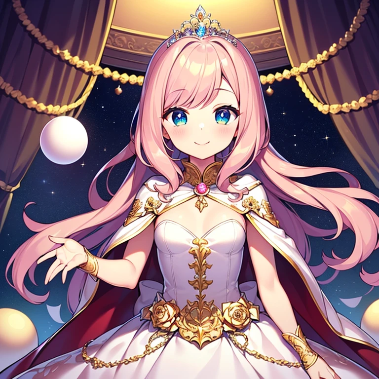 (best quality),(rococo style),(long train pastel pink cape:1.15), very long cape,(long train white ball gown with flower decorations:1.1), a girl is wearing a cape over her gown, 1 little princess, tiara, smile, very long hair, small breasts, looking at viewer