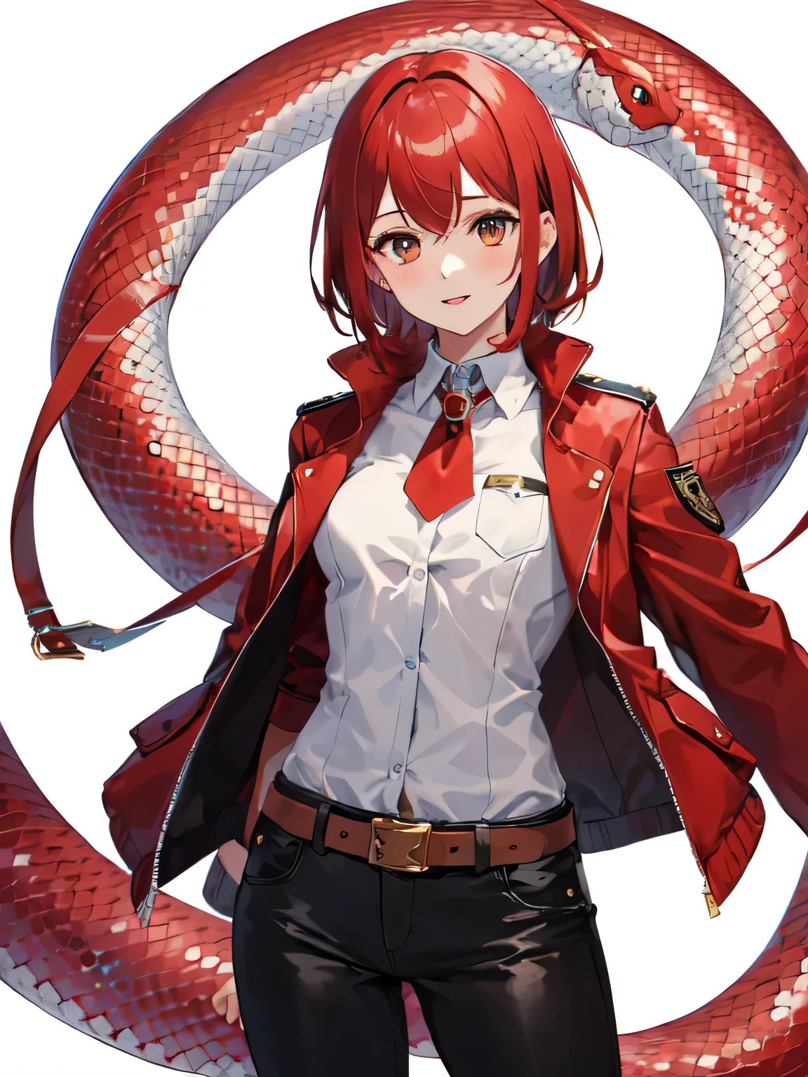 masterpiece, high quality, 1 girl, 22 years old、alone, simple background, (white background:1.1),
  red jacket, black pants,uniform,belt,
medium breasts,white skin、bright red hair、shortcut、uniform、Red snake wrapped around neck、
Are standing, cowboy shot, looking at the viewer,parted lips, light smile,