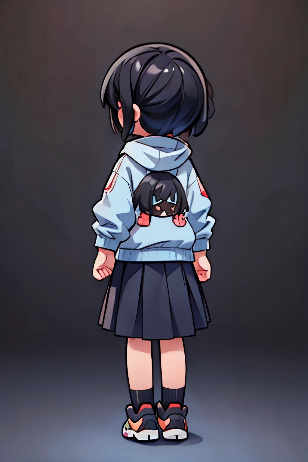 full body、back view、black hair、Hoodie only available in light blue、black skirt