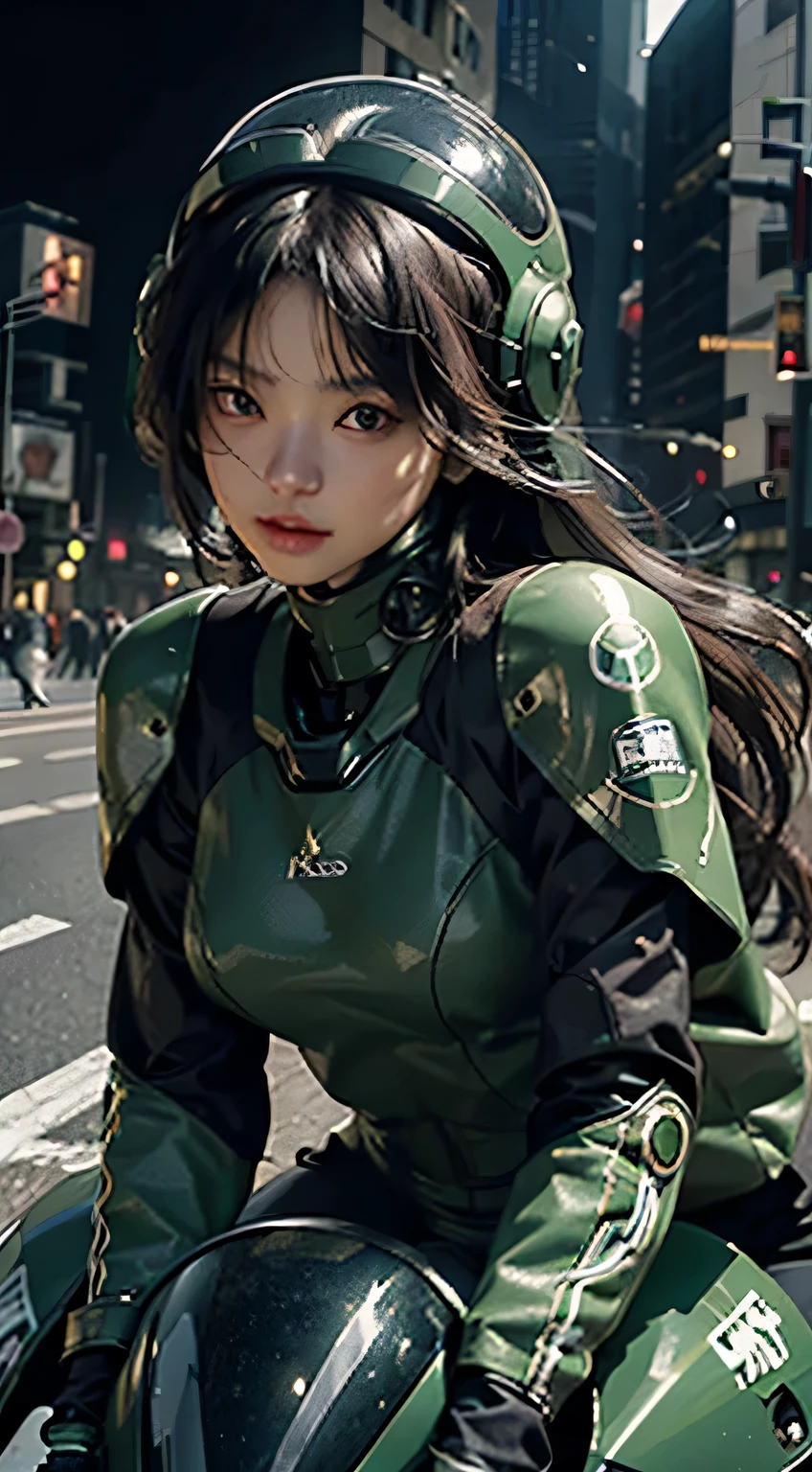 Highest image quality, Excellent details, ultra high resolution, (realism: 1.4), best illustrations, Offer details, Highly concentrated 1girl, Has a delicate and beautiful face, Wearing black and green mecha, Wearing a mecha helmet, holding direction controller, riding a motorcycle, The background is a high-tech light scene of a futuristic city.