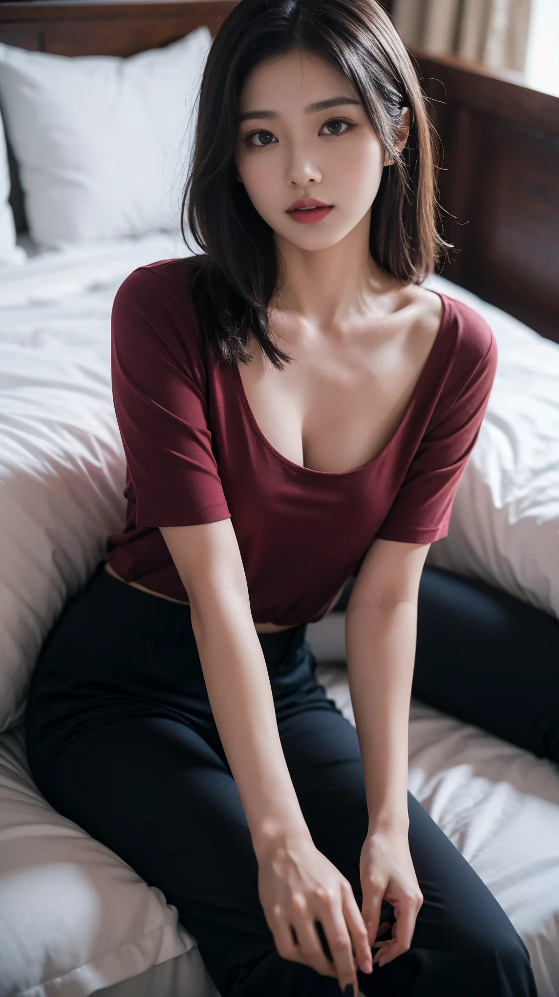 (RAW photo, high resolution, Best quality, masutepiece:1.3), (realistic detail, hyper realisitc, Photorealistic: 1.2), Shot with the Canon EOS R6, Sharp focus, f/1.8, Medium Shot Shot, upperbody shot, 1girl in, Very delicate and beautiful, Beautiful detailed girl, Very detailed eyes and face, Triangular face, Beautiful detailed eyes, (Slender figure, Thin waist), ((Red sweater dress)), During fashion, Earrings, Natural makeup, Pink shiny lips, Sweep fashion shorthair, Perfect style, (low illuminance, sitting in a café), NFFSW, Ultra-realistic, Highest quality, Super detailed