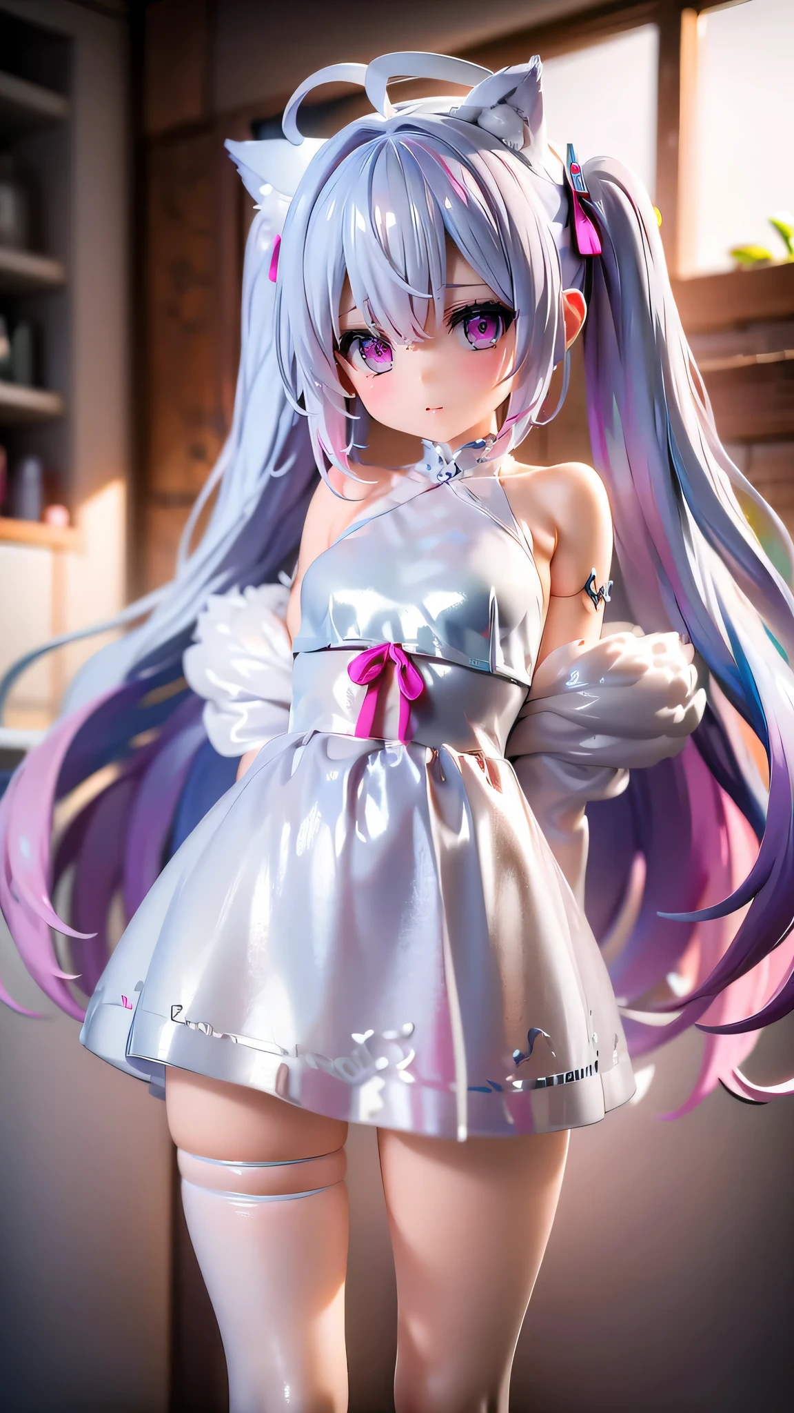 very cute girl、Silver-pink hair、Fluffy semi-long hair、Light Blue Eye、big cute eyes、slim body、big breasts、thin arms、slim legs、White body、smile、open your mouth、idol costume、white panties、transparent skirt、vivid background、(10 years old)、