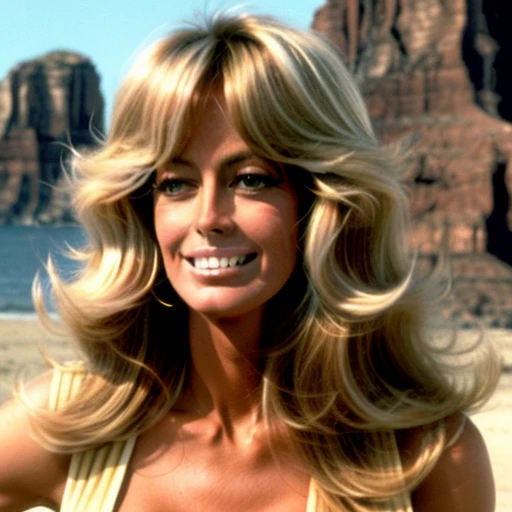 Farrah Fawcett in Australia with lipstick completely naked and smiling