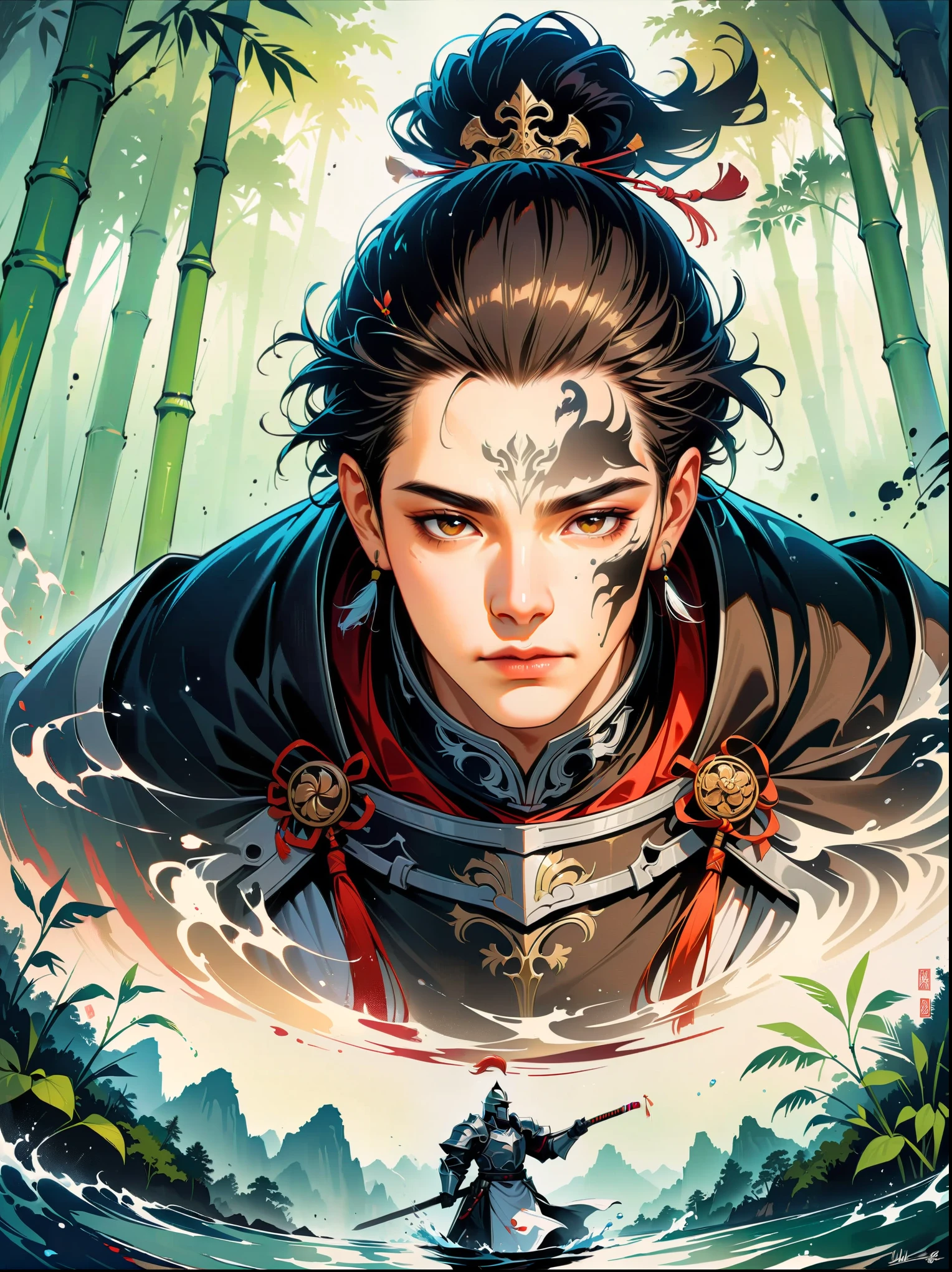 Ink painting,Male knight on the water,((Anatomically correct and precise facial structure, detailed facial depiction, and delicate facial features)),A bamboo forest behind,sword,landscape,Ultra HD resolution,Freehand style,majestic,Natural light,(first-person view, masterpiece, ccurate, high details, best quality, 8k)