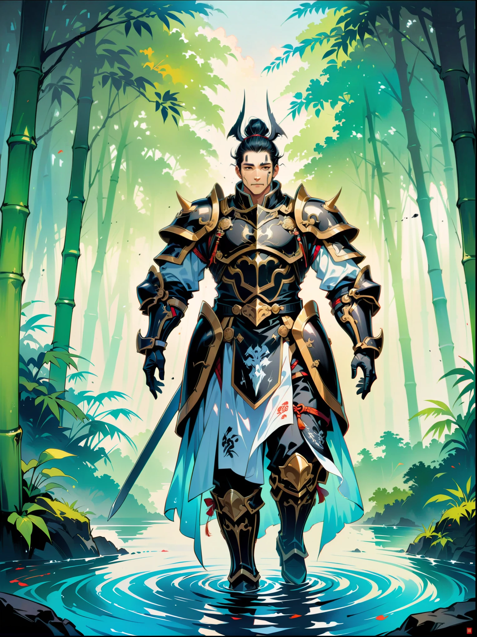 Ink painting,Male knight on the water,((Anatomically correct and precise facial structure, detailed facial depiction, and delicate facial features)),A bamboo forest behind,sword,landscape,Ultra HD resolution,Freehand style,majestic,Natural light,(first-person view, masterpiece, ccurate, high details, best quality, 8k)