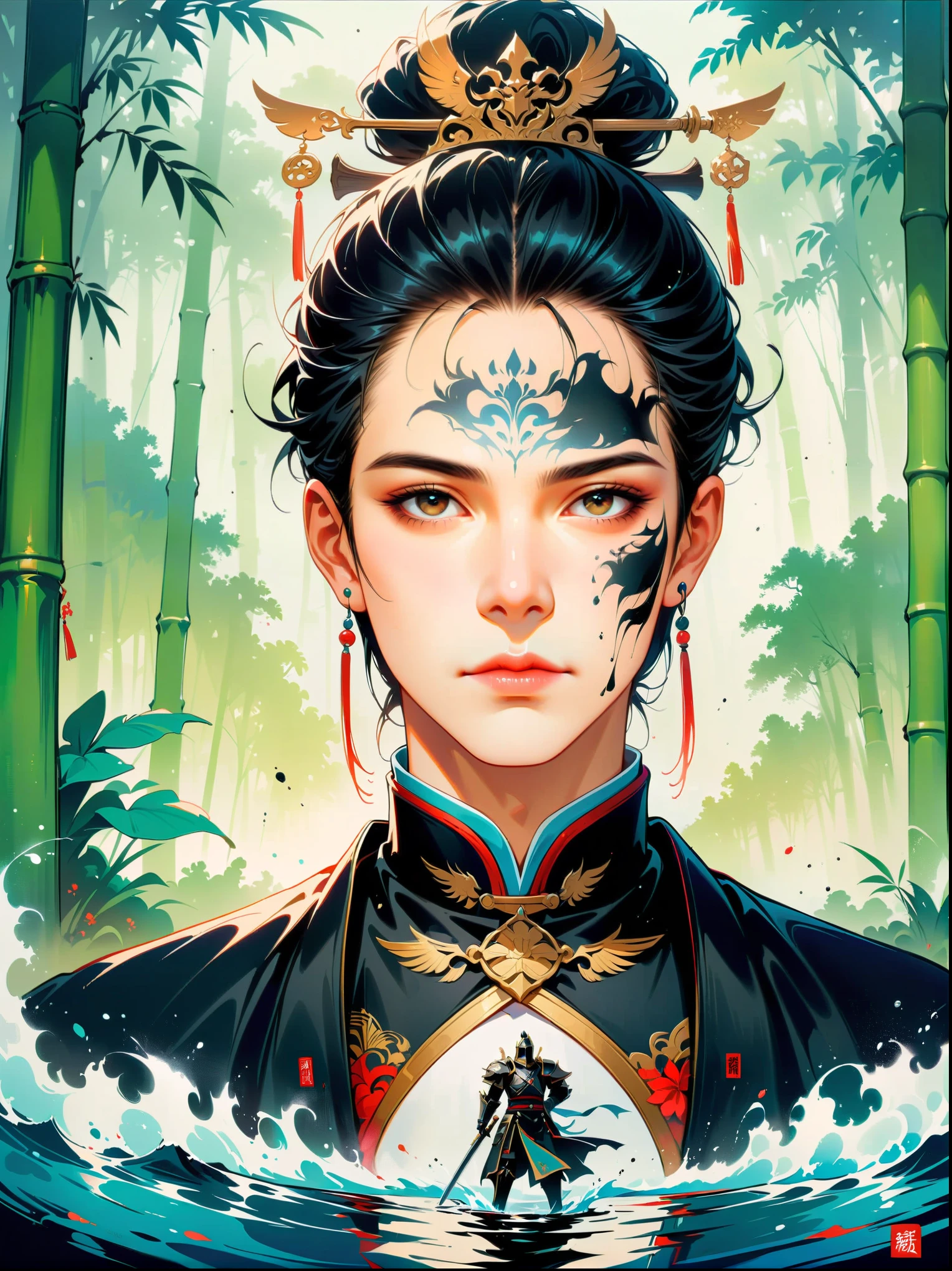 Ink painting,Male knight on the water,((Anatomically correct and precise facial structure, detailed facial depiction, and delicate facial features)),A bamboo forest behind,sword,landscape,Ultra HD resolution,Freehand style,majestic,Natural light,(first-person view, masterpiece, ccurate, high details, best quality, 8k)