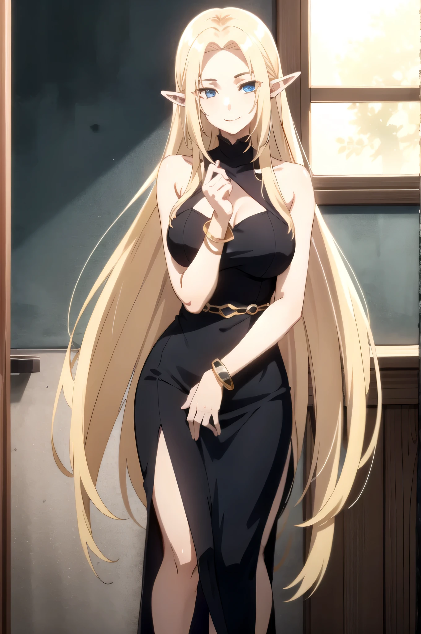 tall body, tall, long legs, mature female, mature, adult, simple background
 eft_eminence_elf, 1girl, long hair, solo, blonde hair, very long hair, dress, smile, blue eyes, looking at viewer, pointy ears, standing, window, black dress, bracelet, jewelry, indoors, breasts, closed mouth, elf