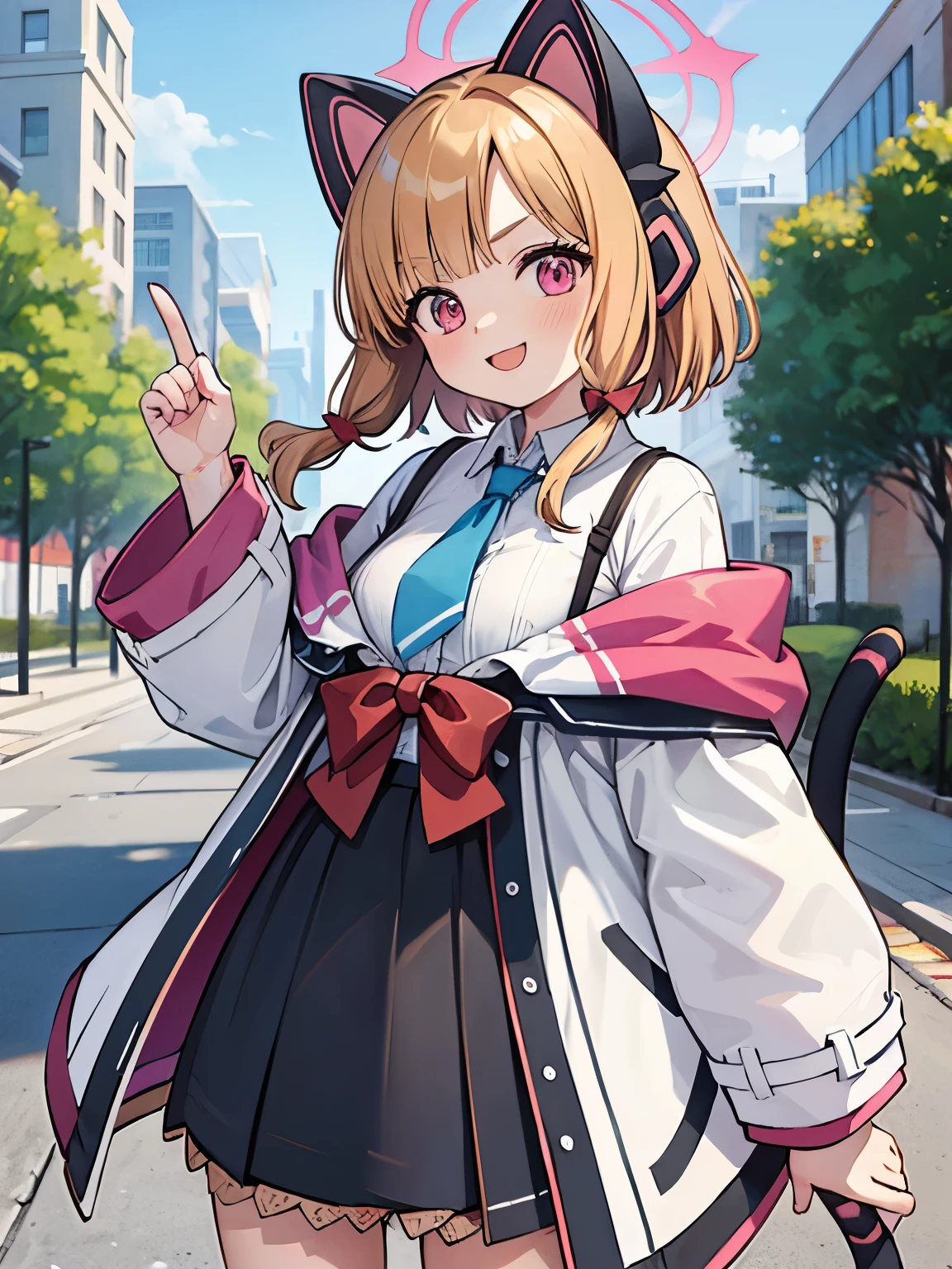 Masterpiece, hd ,2d, best quality, momoi (blue archive), brown hair, cat headphone, wear jacket, standing, outdoor, smile