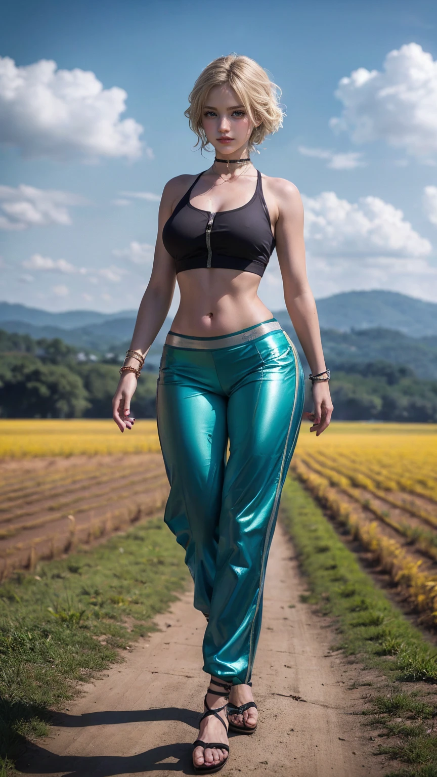 ((最high quality, 8K, masterpiece: 1.3, Ultra HD, high quality, 最high quality, High resolution, realism)) 、22 year old beautiful white woman、Hair color blonde、blue eyeedium hair、straight hair、smile、Slender but well-proportioned muscular body、Athlete-like body type、I don't want my head to disappear from the screen.、Wearing accessories on your wrist、put anklet on ankle、Wearing red nail polish、I have a peticure、Wear a high-neck zipper-up top、Transparent harem pants((harem pants))wear、サンダルwear、countryside on a summer evening、Walking along the ridge path of the rice fields、Cumulonimbus clouds in the evening sky