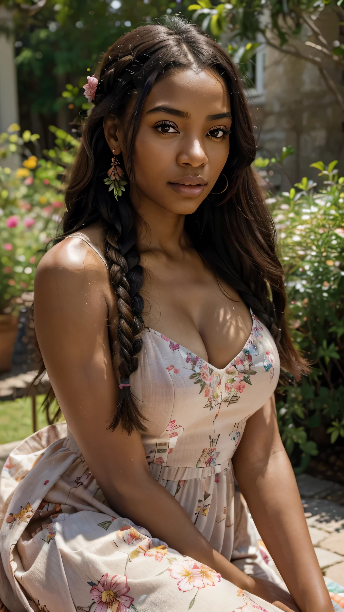 (best quality,ultra-detailed,realistic:1.37),vivid colors,portrait,painting,studio lighting,bokeh,soft sunlight,flower-filled garden,warm color palette,pink flower petals,gorgeous scenery,natural setting,African woman,relaxed pose,detailed facial features,big expressive eyes,full lips,beautiful long hair,braided hairstyle,summer dress,and surrounded by tall trees.
