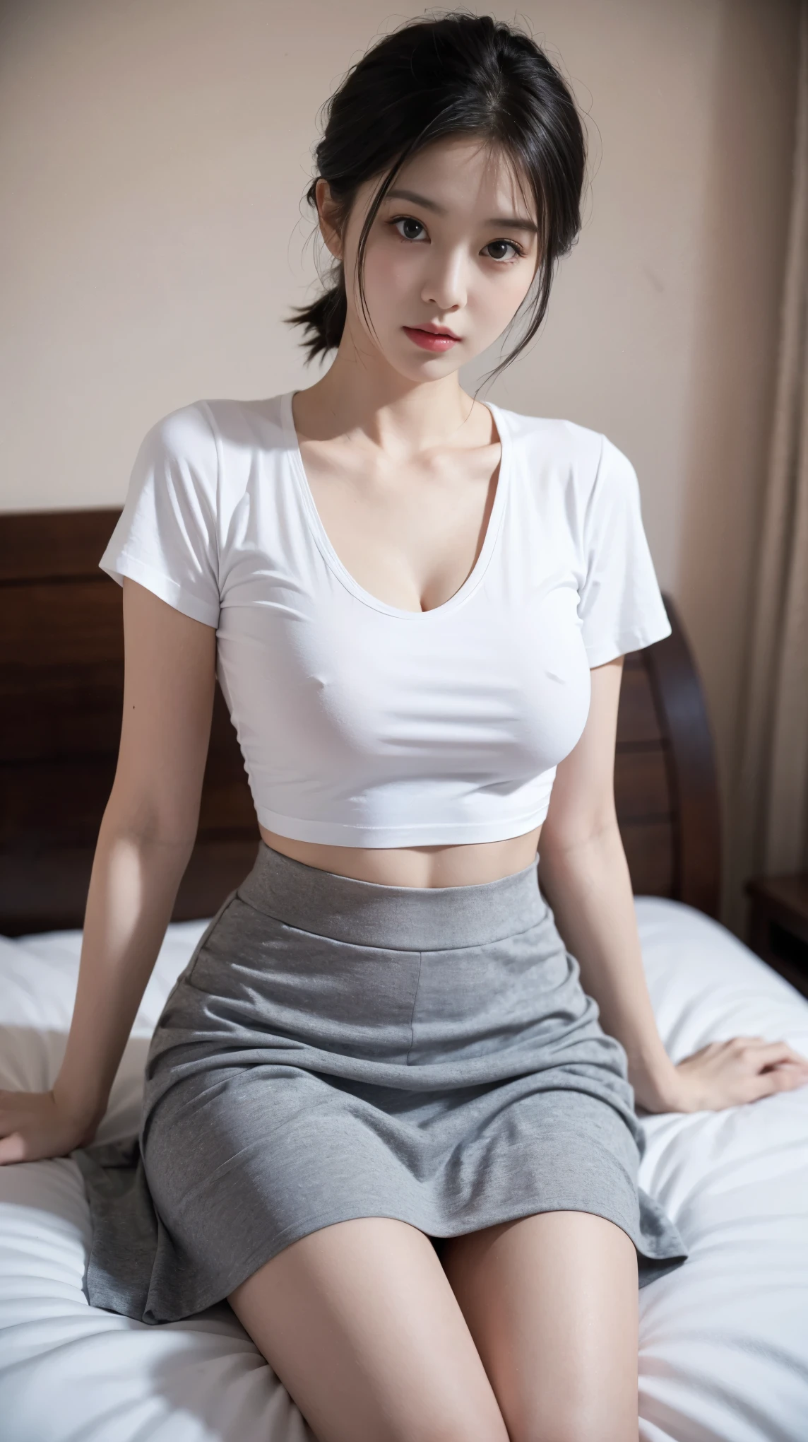 masterpiece:2.0，best quality,  Black medium hair，She wears a white T-shirt，low cut，Cleavage can be seen，Gray hip skirt，Big ，sitting on bed，Look at the camera