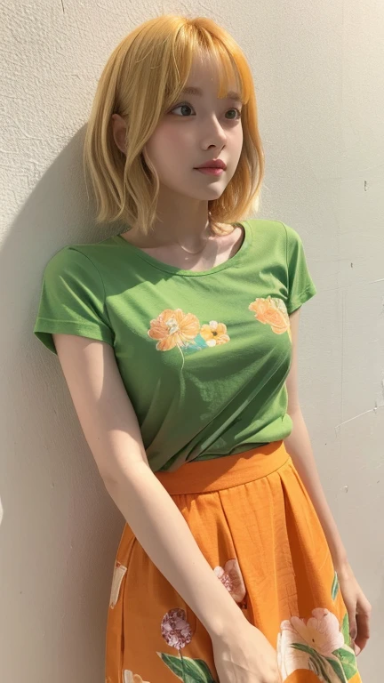 orange green thin flower pattern T-shirt , medium breast , long hair , skirt , blonde hair , short hair