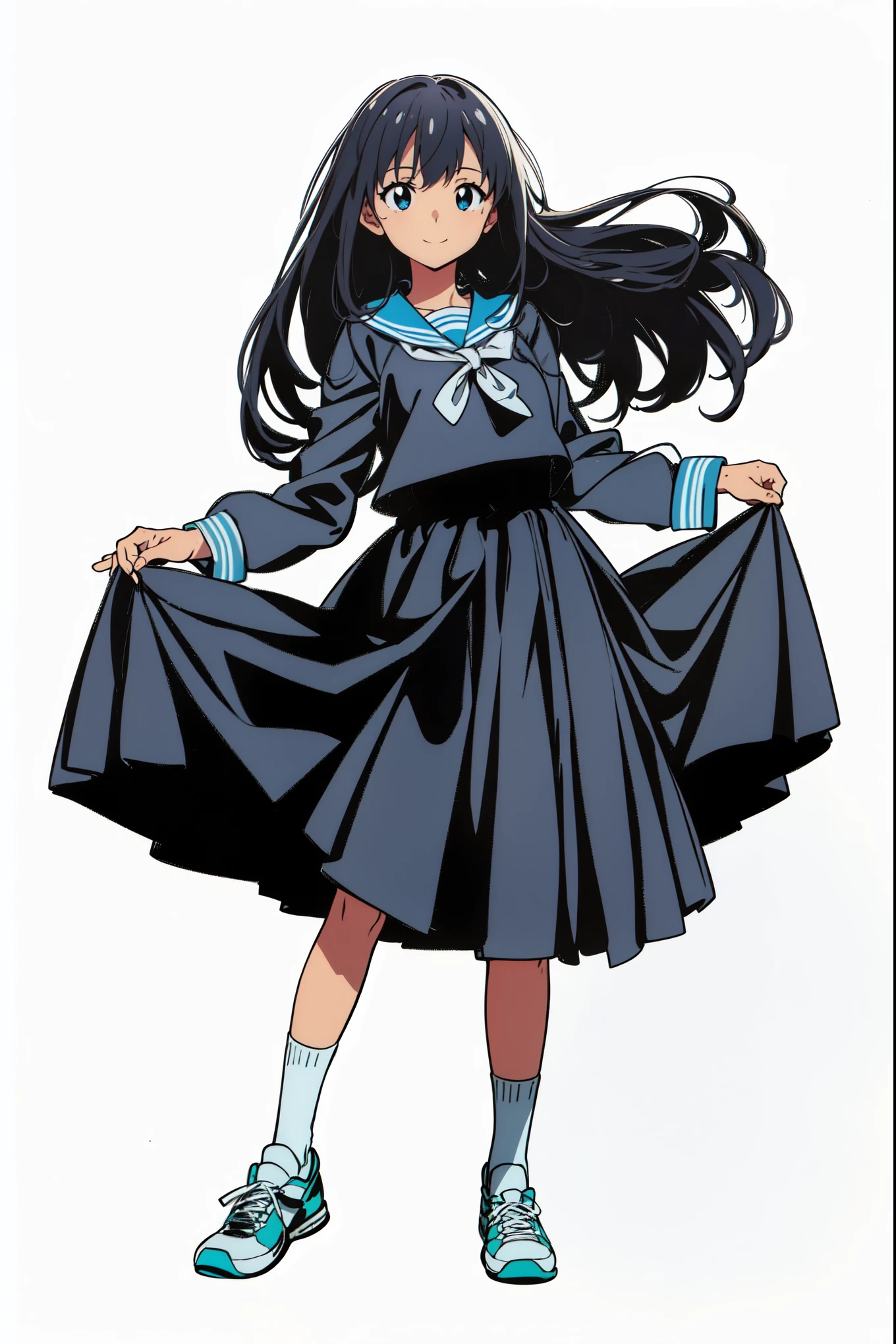 (cheerful:1.5), (light smile:1.5), (white background:1.0), (best quality:1.0), (masterpiece:1.0), (super fine illustration:1.0), (beautiful artwork:1.0), (anime screencap:1.0), (official art:1.0), (solo:1.0), (JHSGA:1.0), (a 15yo cute girl:1.0), (long skirt:1.0), (dark blue skirt:1.0), (pleated skirt:1.0), (dark blue sailor uniform:1.0), (long sleeve sailor uniform:1.0), (sneakers:1.0), (white socks:1.0), (ideal ratio body proportions:1.5), (lanky:1.5), (tall:1.5), (slender:1.5), (small breasts:1.5), (smaller face:1.5), (tareme:1.0), (detailed beautiful eyes:1.0), (detailed beautiful face:1.0), (glowing black eyes:1.0), (medium hair:1.0), (black hair:1.0), (standing:1.0), (looking at viewer:1.0)