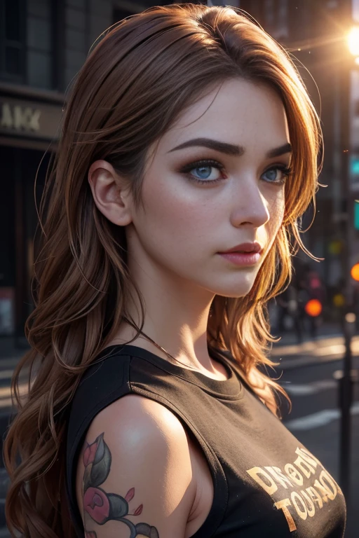 (masterpiece), (best quality), (ultra-detailed), ((masterpiece)), (((best quality))), ((ultra detail)), UHD, 8K, (((high definition))), ((illustration)), ((extremely realistic)), ( reflections), sharp focus, front lighting, intense shadows, ((beautiful extremely detailed eyes)), eyelashes, (extremely delicate and beautiful punk girl), ((brown eye color)), wavy blond hair, (t-shirt style punk), long hair, ((extremely detailed eyes)), medium chest, shiny skin, damp skin, sweaty skin, cinematic lighting mask, ray tracing, depth of field, dynamic angle, looking at viewer, ((urban background)), (difficulty 1.4), ((macro, shooting, detail, face, eyes, nose, lips, eyebrows)), ((extremely detailed and realistic skin texture)), ((extremely detailed and realistic eye texture)), ((extremely detailed and realistic finger texture)), ((extremely detailed and realistic clothes)).