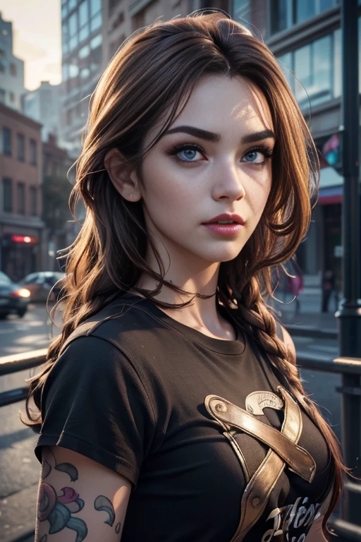 (masterpiece), (best quality), (ultra-detailed), ((masterpiece)), (((best quality))), ((ultra detail)), UHD, 8K, (((high definition))), ((illustration)), ((extremely realistic)), ( reflections), sharp focus, front lighting, intense shadows, ((beautiful extremely detailed eyes)), eyelashes, (extremely delicate and beautiful punk girl), ((brown eye color)), wavy blond hair, (t-shirt style punk), long hair, ((extremely detailed eyes)), medium chest, shiny skin, damp skin, sweaty skin, cinematic lighting mask, ray tracing, depth of field, dynamic angle, looking at viewer, ((urban background)), (difficulty 1.4), ((macro, shooting, detail, face, eyes, nose, lips, eyebrows)), ((extremely detailed and realistic skin texture)), ((extremely detailed and realistic eye texture)), ((extremely detailed and realistic finger texture)), ((extremely detailed and realistic clothes)).