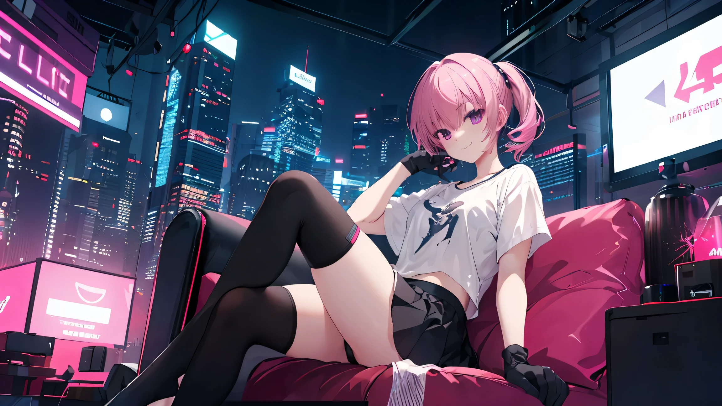 (best quality,4k,highres,masterpiece:1.2), ultra-detailed, realistic:1.37, vibrant-colored, cyberpunk character, anime style, solo, gentle smile, medium-length pink hair flowing, wearing a white short-sleeved shirt, white gaming t-shirt, black mini-skirt, black underwear, black gloves, sitting on a sofa, indoors, in a bedroom, surrounded by a night-time cityscape with a cyberpunk aesthetic, vibrant neon lights illuminating the surroundings, black high-socks, Mitsukasa Ayase