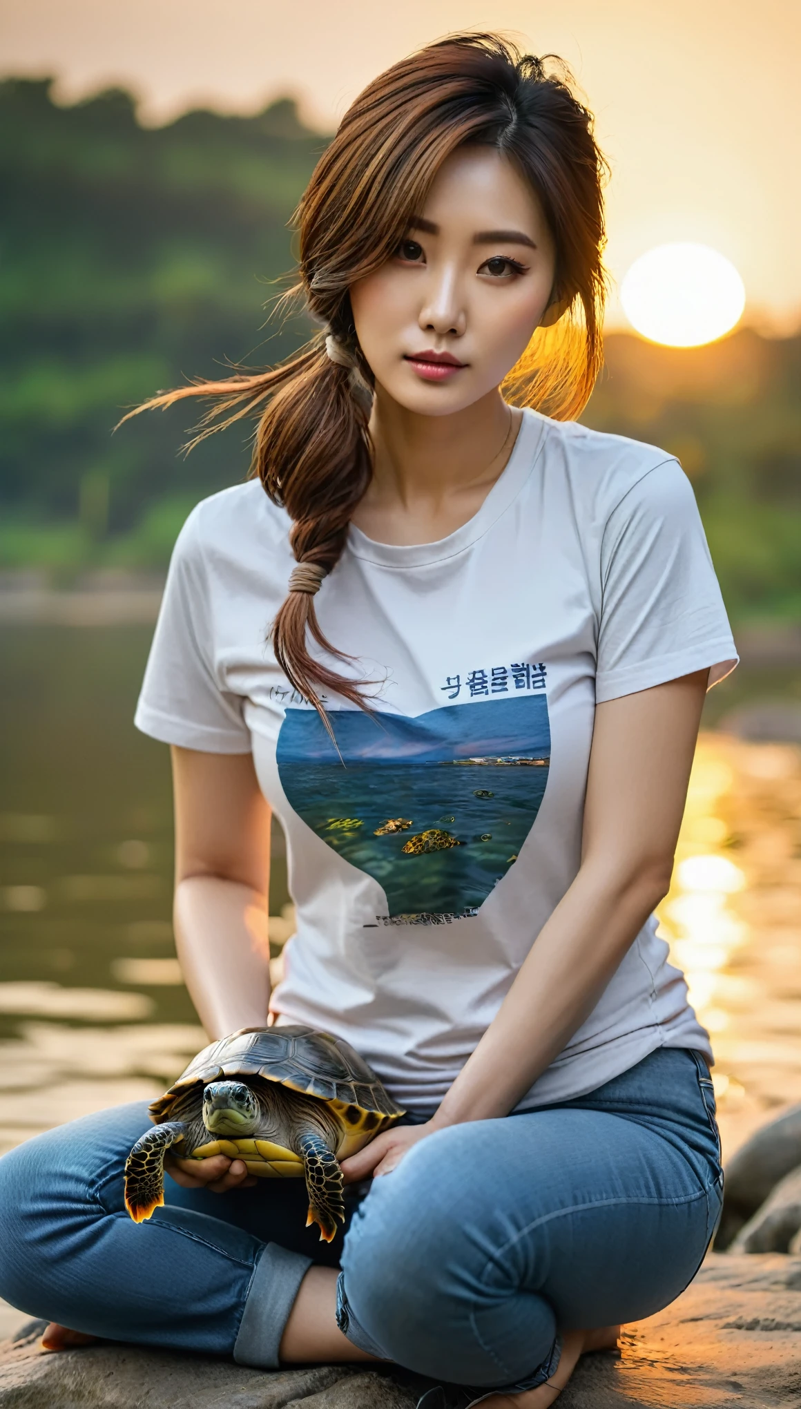 Raw photo of beautiful korean female, 34 inch breasts size, tied hair, wearing fitting t-shirt, jeans, squatting playing with turtle, at the river, sunset light, bokeh background,