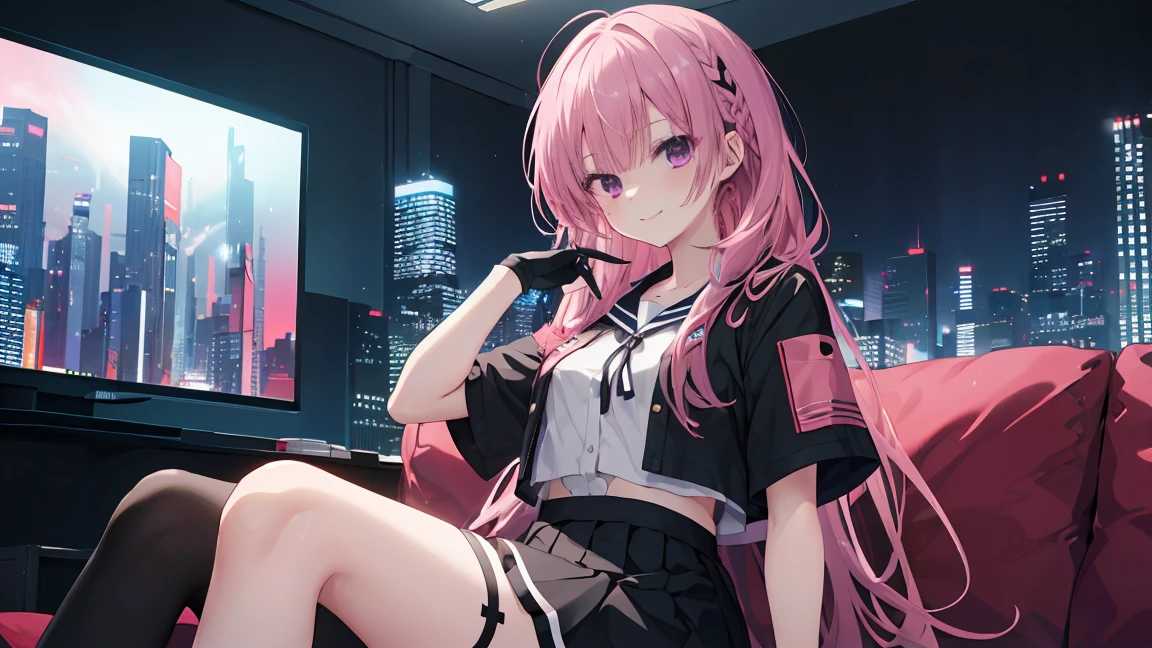 a girl，solo，Long pink hair，gentle，Smile，medium long hair，Distribute，White short sleeves，White short sleeves游戏服，black skirt，black underwear，black gloves，cyberpunk characters,night, night city background，digital punk, anime style 4k, Sitting on the sofa，indoors，in the bedroom，((black high-socks))，mitsukasa ayase、character-centered