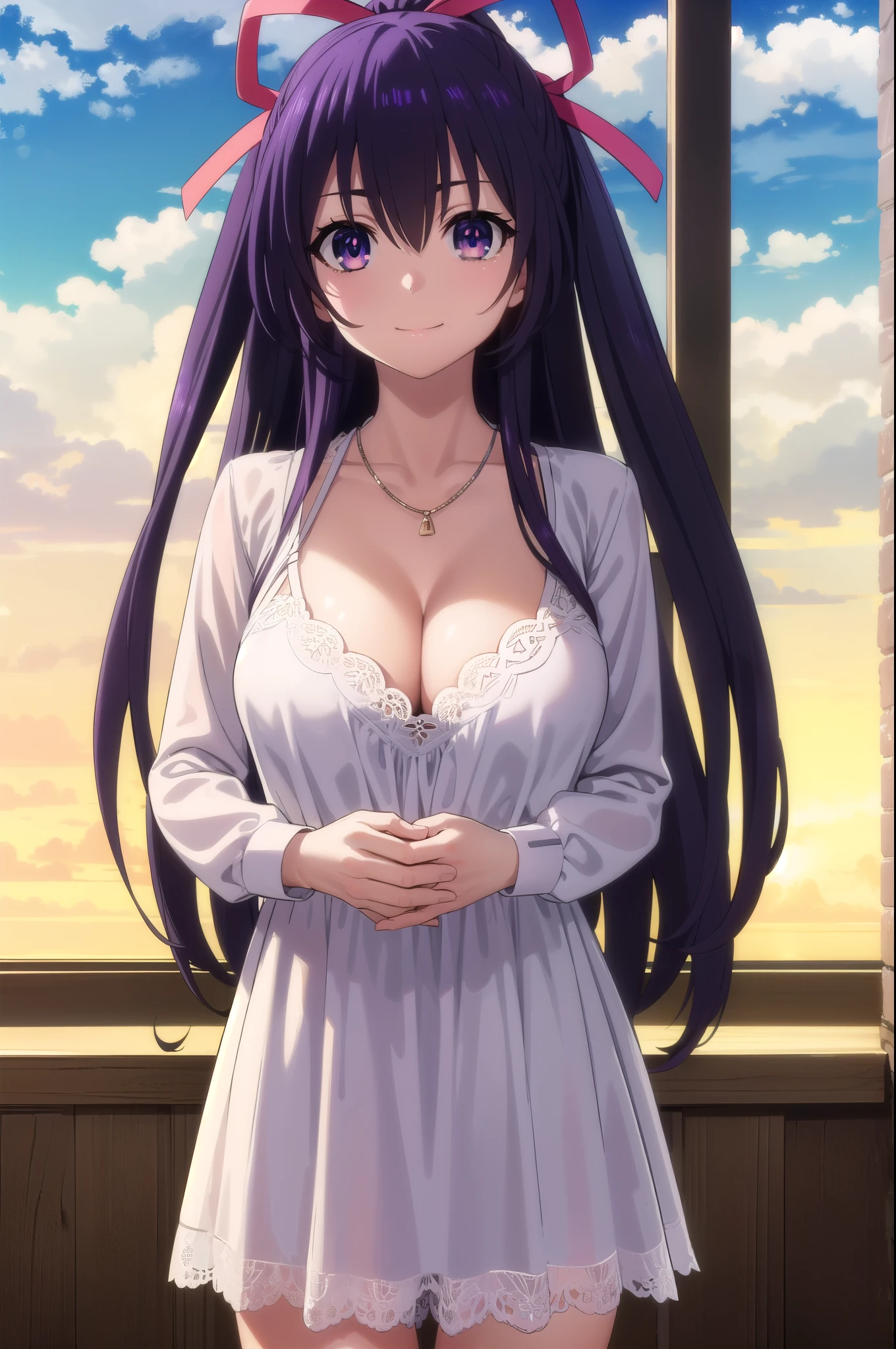 tohkayatogami, tohka yatogami casual, long hair, purple hair, alluringly smile, one piece dress, white dress, square neck dress, lace dress, see through, white undergarments, lace sleeve, long sleeves, cleavage, necklace, shirt skir, ribbon , (purple eyes:1.1), hair ribbon, ponytail, purple hair, white ribbon,g cup breasts, plump butt, hands on neck, living room,
BREAK ,
BREAK outdoors, city, people, crowd, sky, clouds, sun, blue sky,
BREAK looking at viewer, (cowboy shot:1.5),
BREAK (masterpiece:1.2), best quality, high resolution, unity 8k wallpaper, (illustration:0.8), (beautiful detailed eyes:1.6), extremely detailed face, perfect lighting, extremely detailed CG, (perfect hands, perfect anatomy),