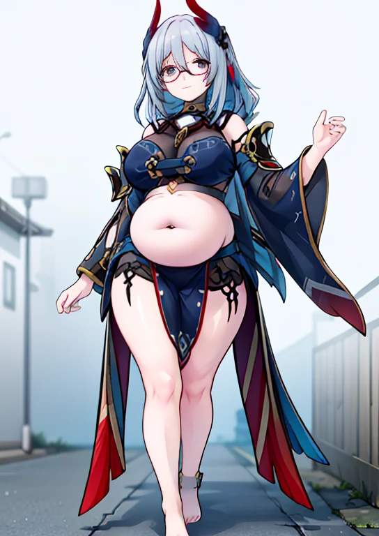 (masterpiece, best quality, highly detailed), 1girls, big belly, blurry background, huge belly, art by kipteitei, round belly, chubby, curvy, simple_background, gradient_background, belly grab, enormous belly, fat belly, thicc, bigger belly, really big belly, jiggly belly, shirt covering belly, belly cover by shirt, glasses, barefoot, (mommy), ((full body)), long hair