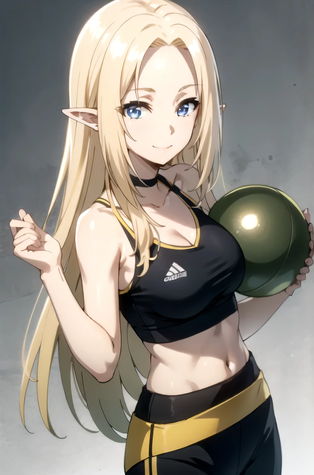 blonde hair,blue eyes,pointy ears,elf,masterpiece, best quality, photorealistic, yujiasuit, yoga sports bra, yoga pants, 1girl, solo, , yoga ball, pants, looking at viewer, smile, green sports bra, simple background, , midriff, long hair, breasts, green pants, sportswear, tank top, upper body,
