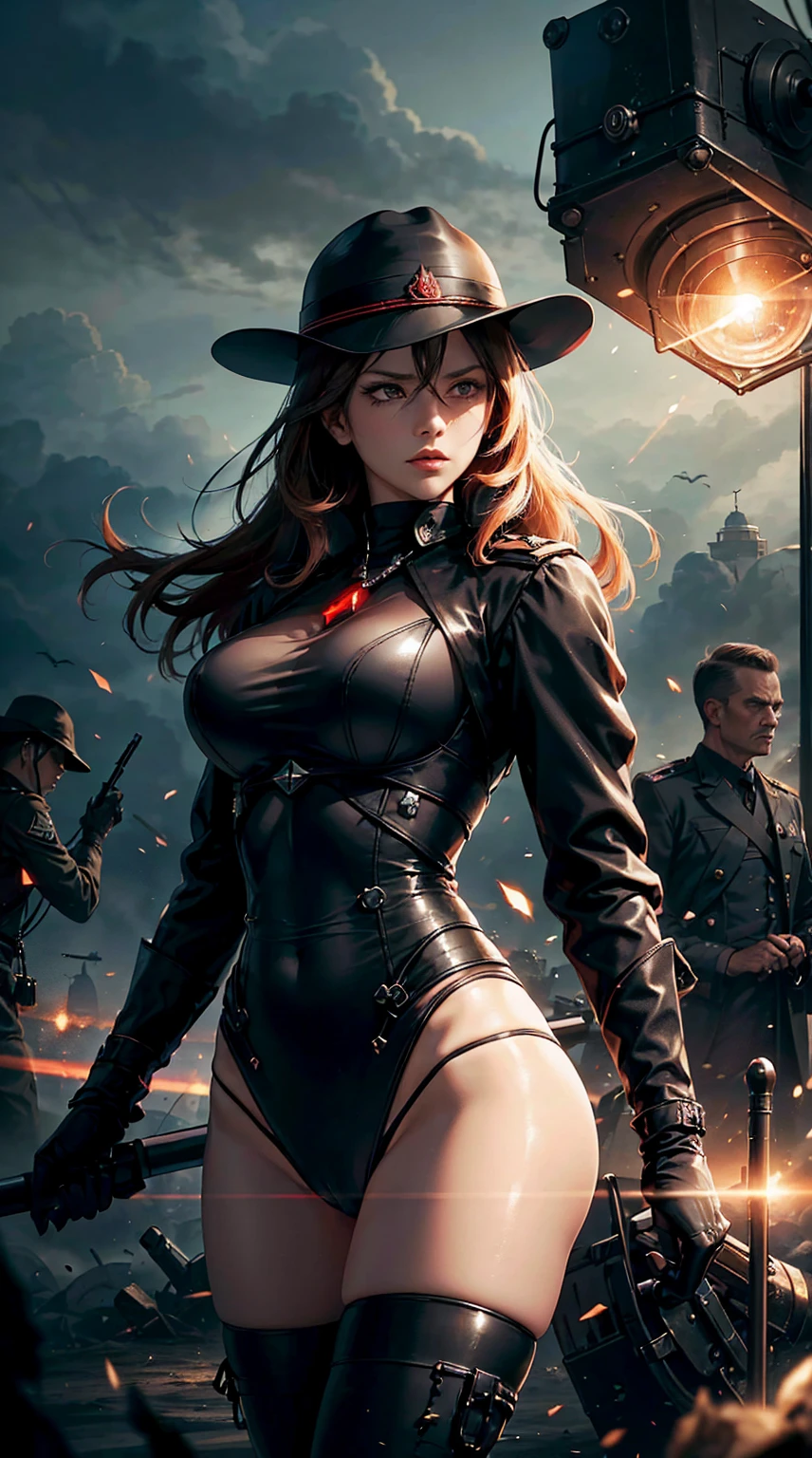 Woman holding stick, general ww2 black suits, general black panties ww2. General black ww2 bra, general ww2 black hats, elegant. tanks and soldiers in the background,red blood element,hd light and dark, balance rendering, HD lighting and dark )<=(epic image quality)dark atmosphere with bright particle light(many effects in background)