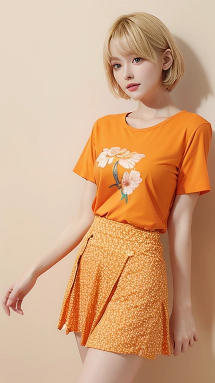 orange thin flower pattern T-shirt , medium breast , skirt , blonde hair , short hair