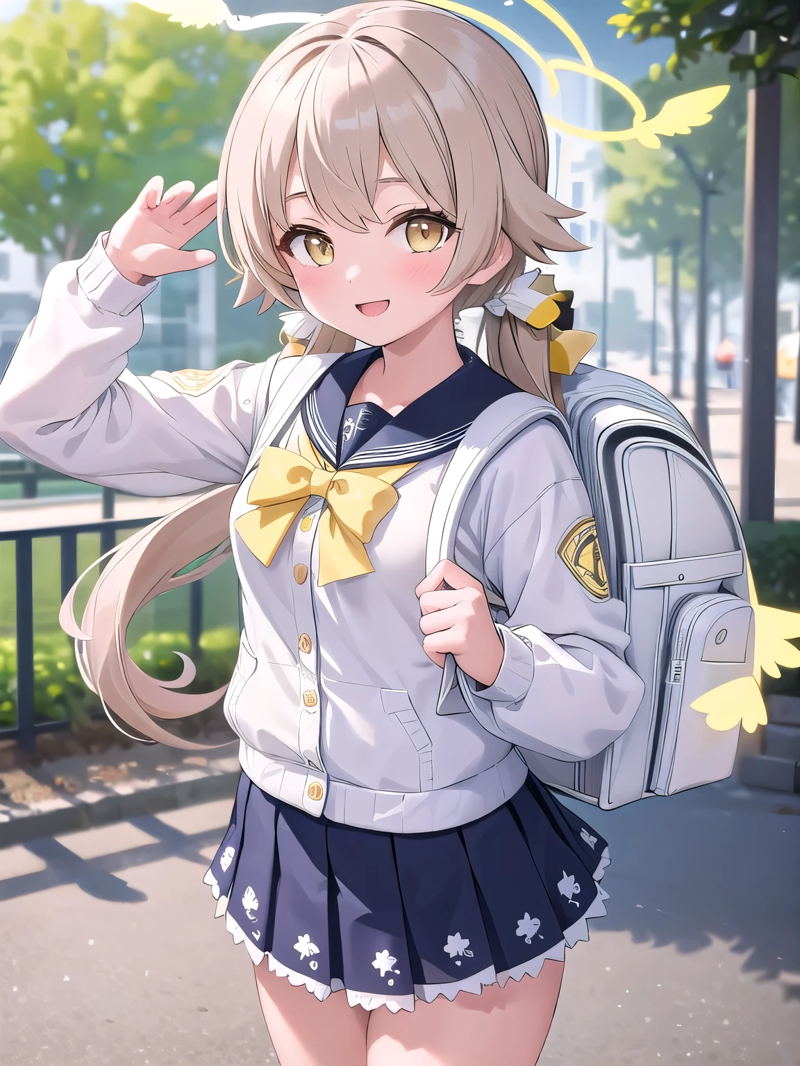 masterpiece, hd,best quality, 1 girl, hifumidef, halo, , holding school backpack , smiling, standing, outdoor 