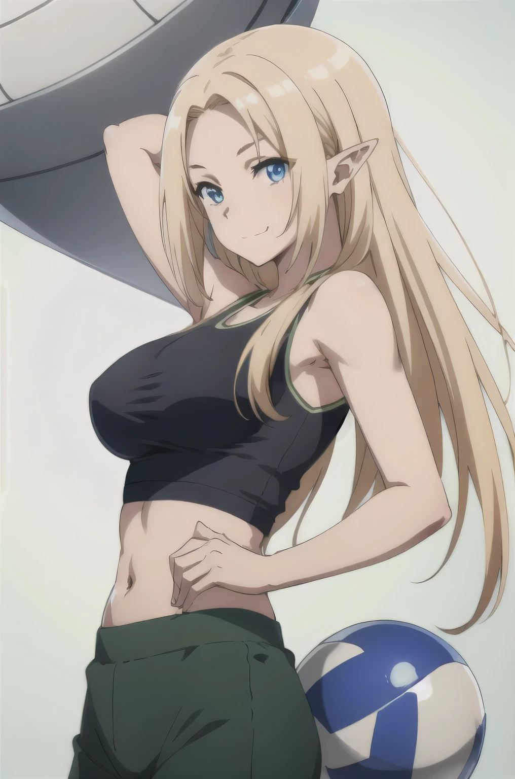 blonde hair,blue eyes,pointy ears,elf,masterpiece, best quality, photorealistic, yujiasuit, yoga sports bra, yoga pants, 1girl, solo, , yoga ball, pants, looking at viewer, smile, green sports bra, simple background, , midriff, long hair, breasts, green pants, sportswear, tank top, upper body,
