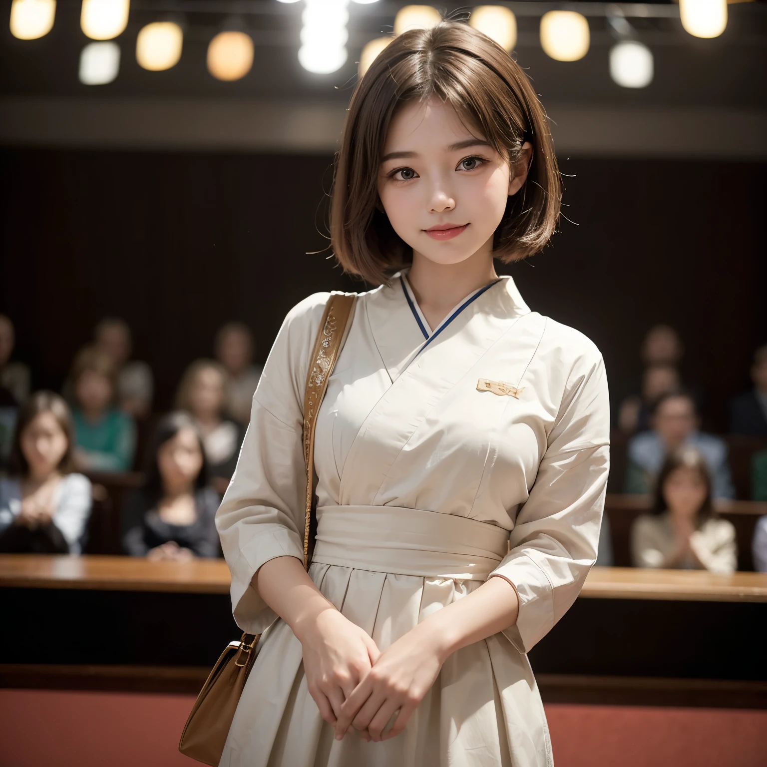(masterpiece, best quality:1.4), (real, lifelike:1.37), from the front, (((View))), Bokeh, Shallow depth of field, japanese idol, High school student, big deal , short brown hair, Double tail, big deal laugh,Lovely clothes,(((looking at the audience)))