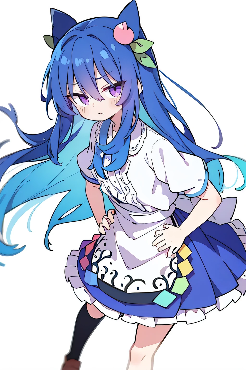 (masterpiece),best quality, expressive eyes, perfect face, 1girl,
 Put your hands on your waist,fair, Gorgeous,Japanese cartoons,girl,lola,Hina Angel, blue hair, blue haired, floating clothes,Grab your waist, Grab your waist, hands on hips , hands on hips,sit, sit on ground, Legs on the ground, flat chest,Tired expression,