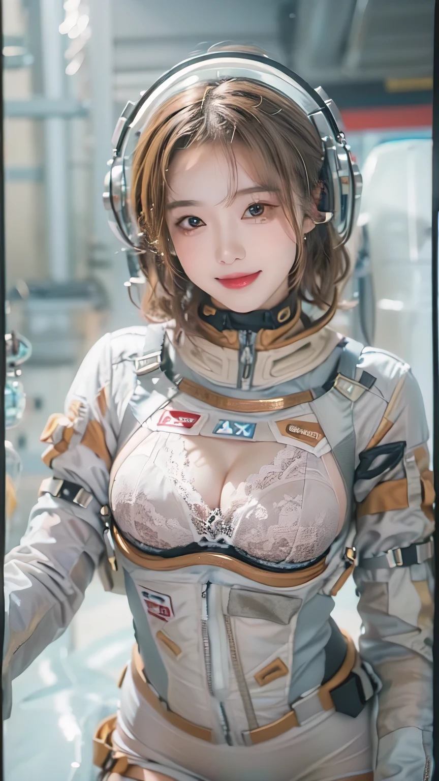 realistic, 4K, top quality、masterpiece、Ultra A high resolution、(realistic:1.4)、Full body beautiful woman１、23 year old full body woman, Beautifully detailed eyes and skin、smile、happy expression, smile towards you, ((very large breasts)), My heart flows down due to gravity, light brown short hair、Full vinyl spacesuit、spacesuit with visible underwear, take off one&#39;s helmet, ((Ivory lace strap bra, Lace T-panties)), inside the spaceship, Iced&snow planet、very erotic pose, woman who wants to have sex, Looking straight at the camera, A woman I want to hug, Obscene pose in weightlessness,