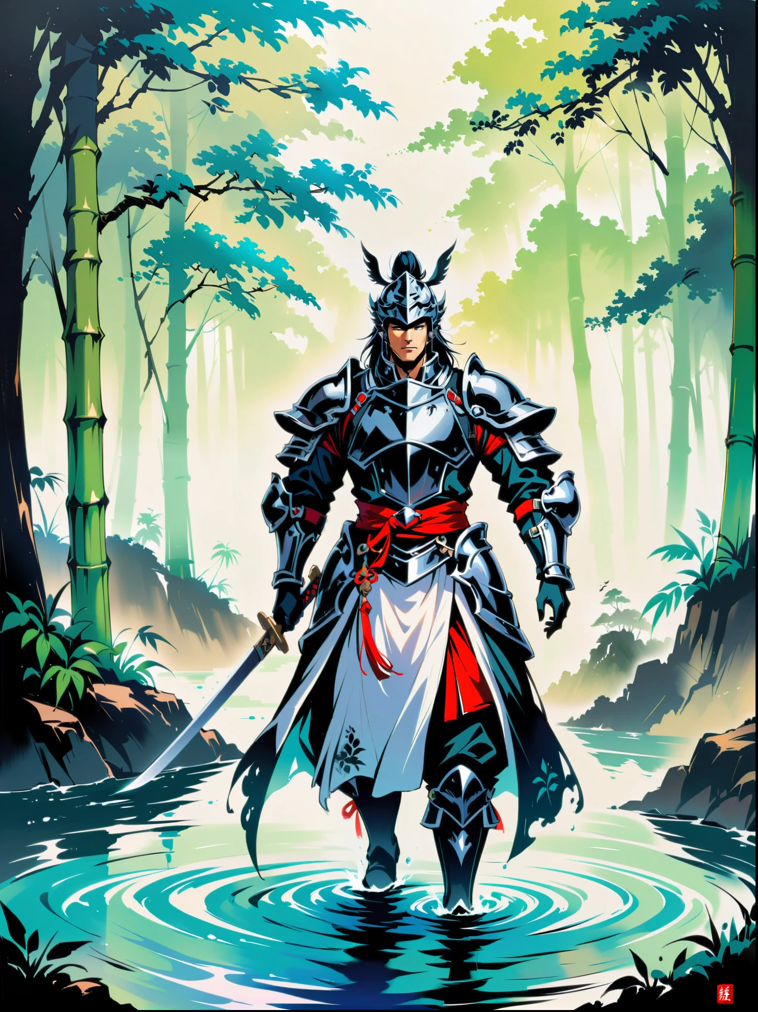 Ink painting，Male knight on the water，A bamboo forest behind，sword，landscape，Ultra HD resolution，Freehand style，majestic，Natural light