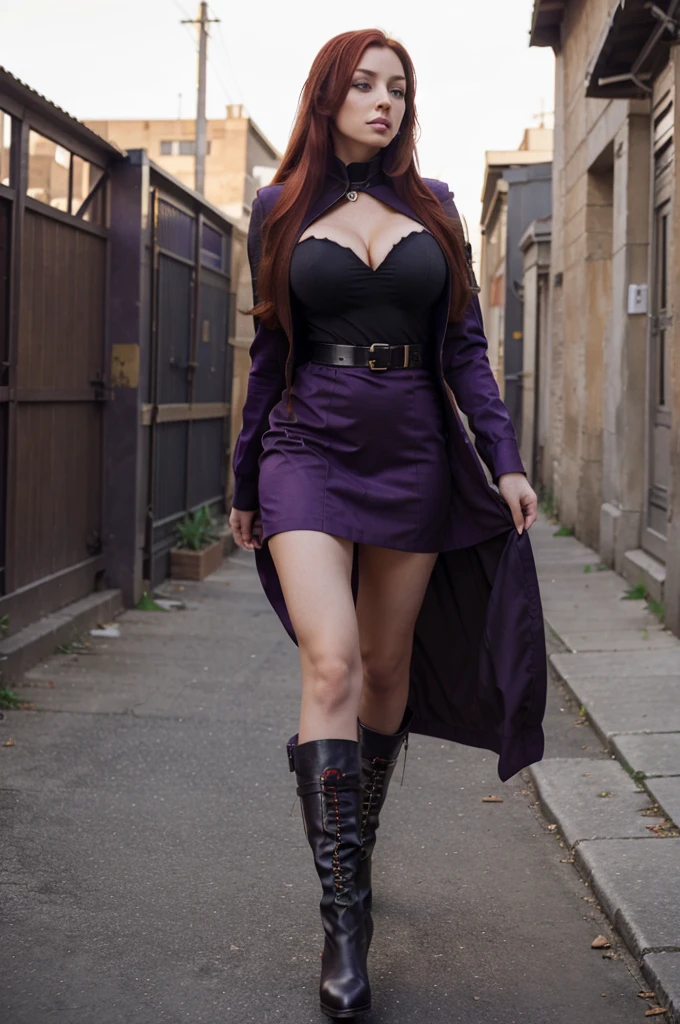 one beautiful woman, ancle boots stiletto , purple military uniform, full body view, extrem long hair, cleavage, red hair, extrem short skirt,