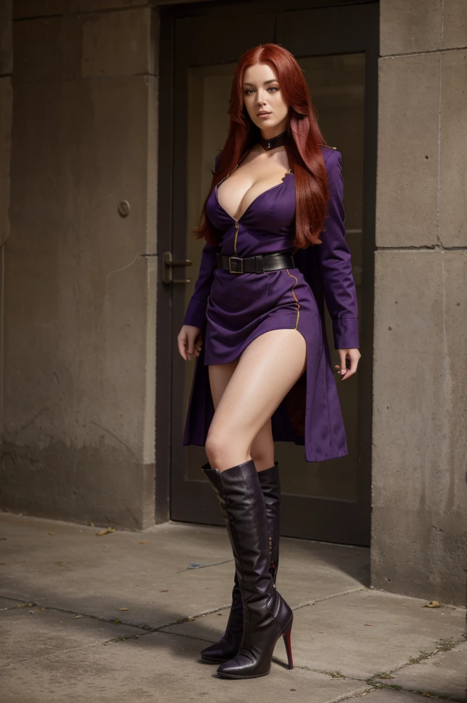 one beautiful woman, ancle stiletto boots, purple military uniform, full body view, extrem long hair, cleavage, red hair, extrem short skirt,