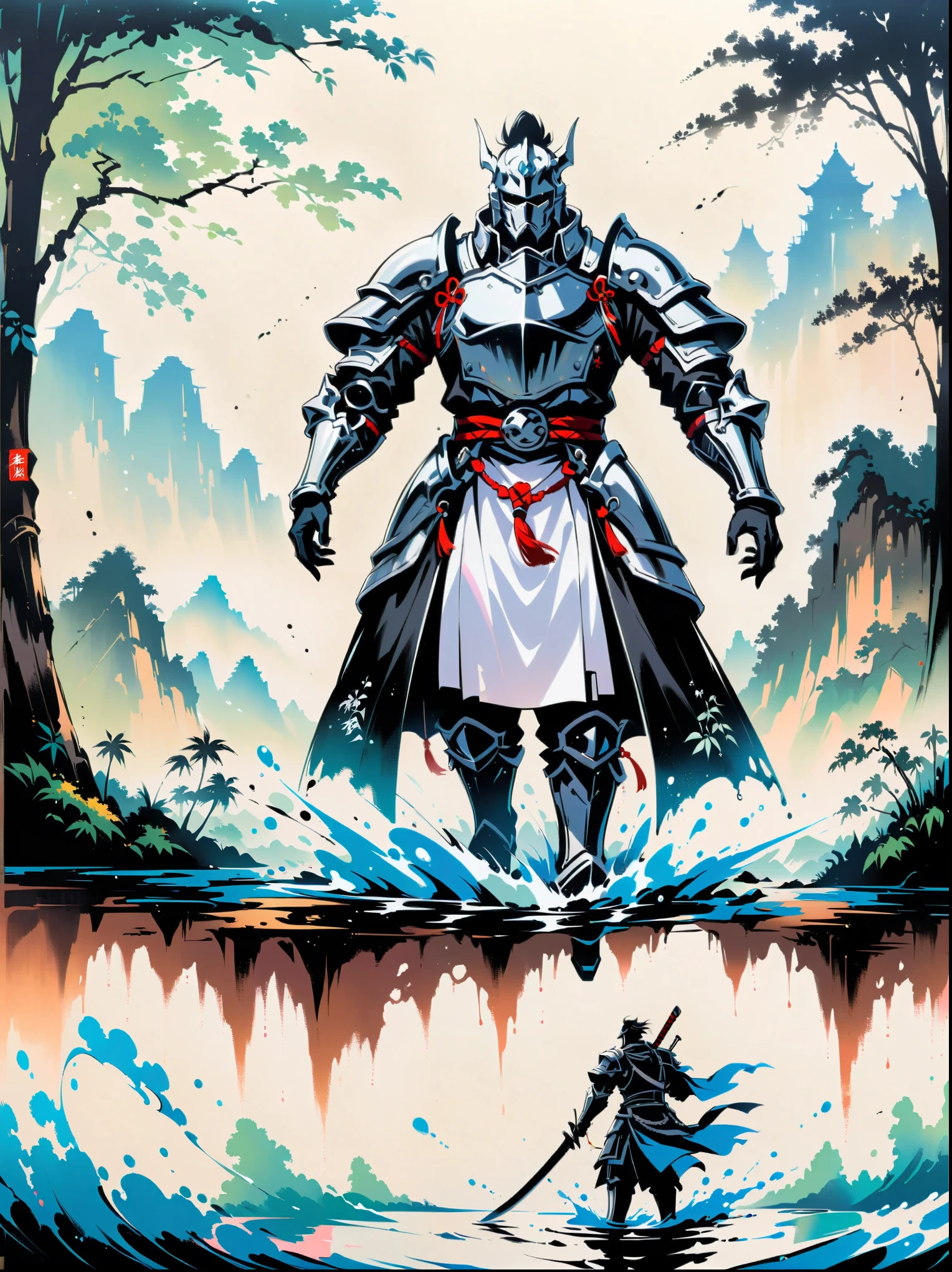 Ink painting,Male knight on the water,A bamboo forest behind,sword,landscape,Ultra HD resolution,Freehand style,majestic,Natural light