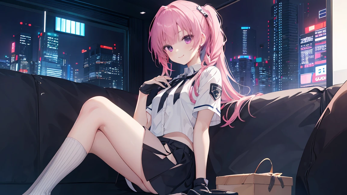 a girl，solo，Long pink hair，gentle，Smile，medium long hair，Distribute，White short sleeves，White short sleeves游戏服，black skirt，black underwear，black gloves，cyberpunk characters,night, night city background，digital punk, anime style 4k, Sitting on the sofa，indoors，in the bedroom，((black high-socks))，mitsukasa ayase、character-centered