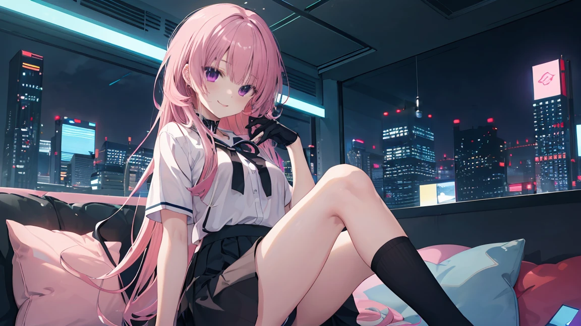 a girl,solo,Long pink hair,gentle,Smile,medium long hair,Distribute,White short sleeves,White short sleeves游戏服,black skirt,black underwear,black gloves,cyberpunk characters,night, night city background,digital punk, anime style 4k, Sitting on the sofa,indoors,in the bedroom,((black high-socks)),mitsukasa ayase、character-centered